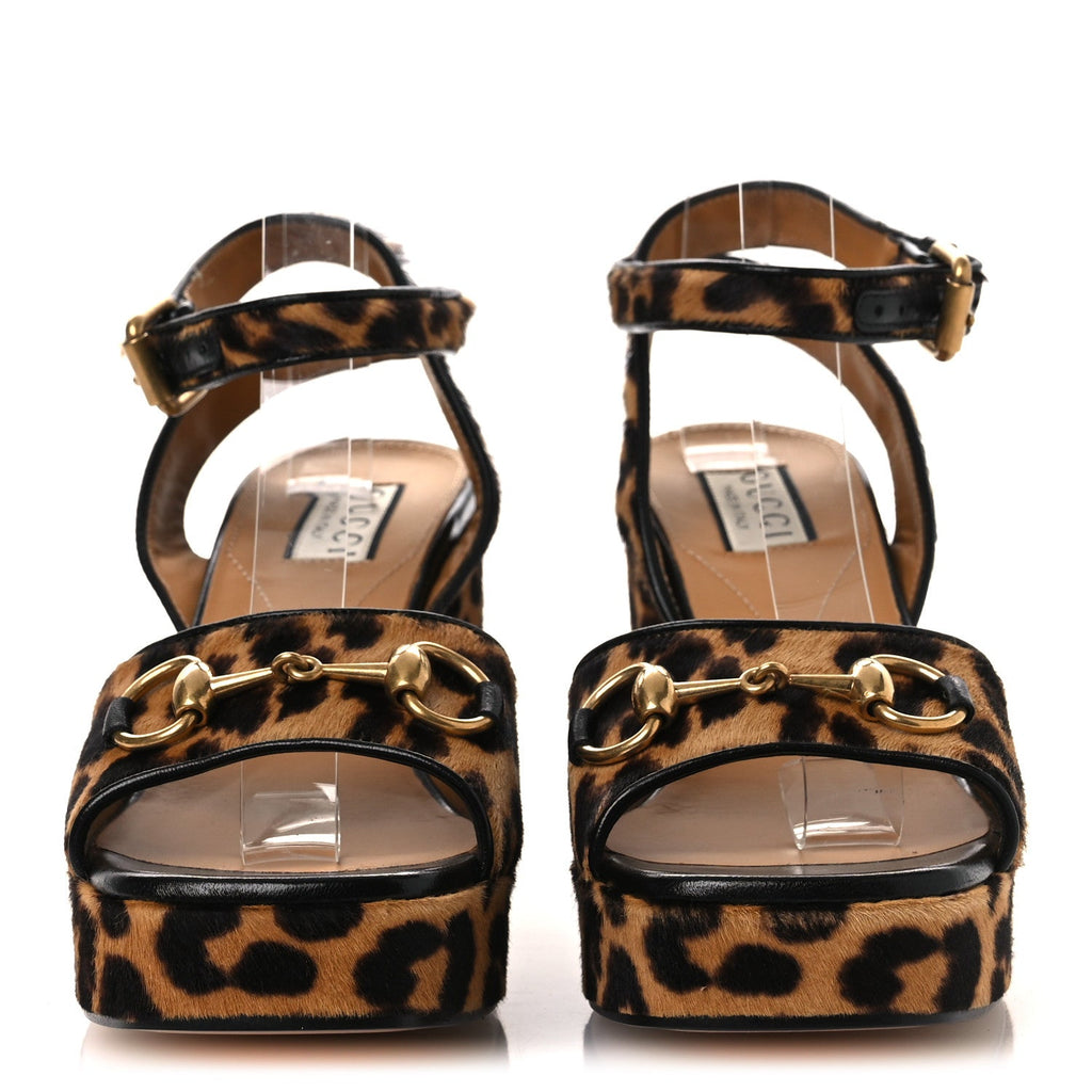 Calf Hair Leopard Print Horsebit 25/60mm Platform Sandals 38.5 Hazelnut Black