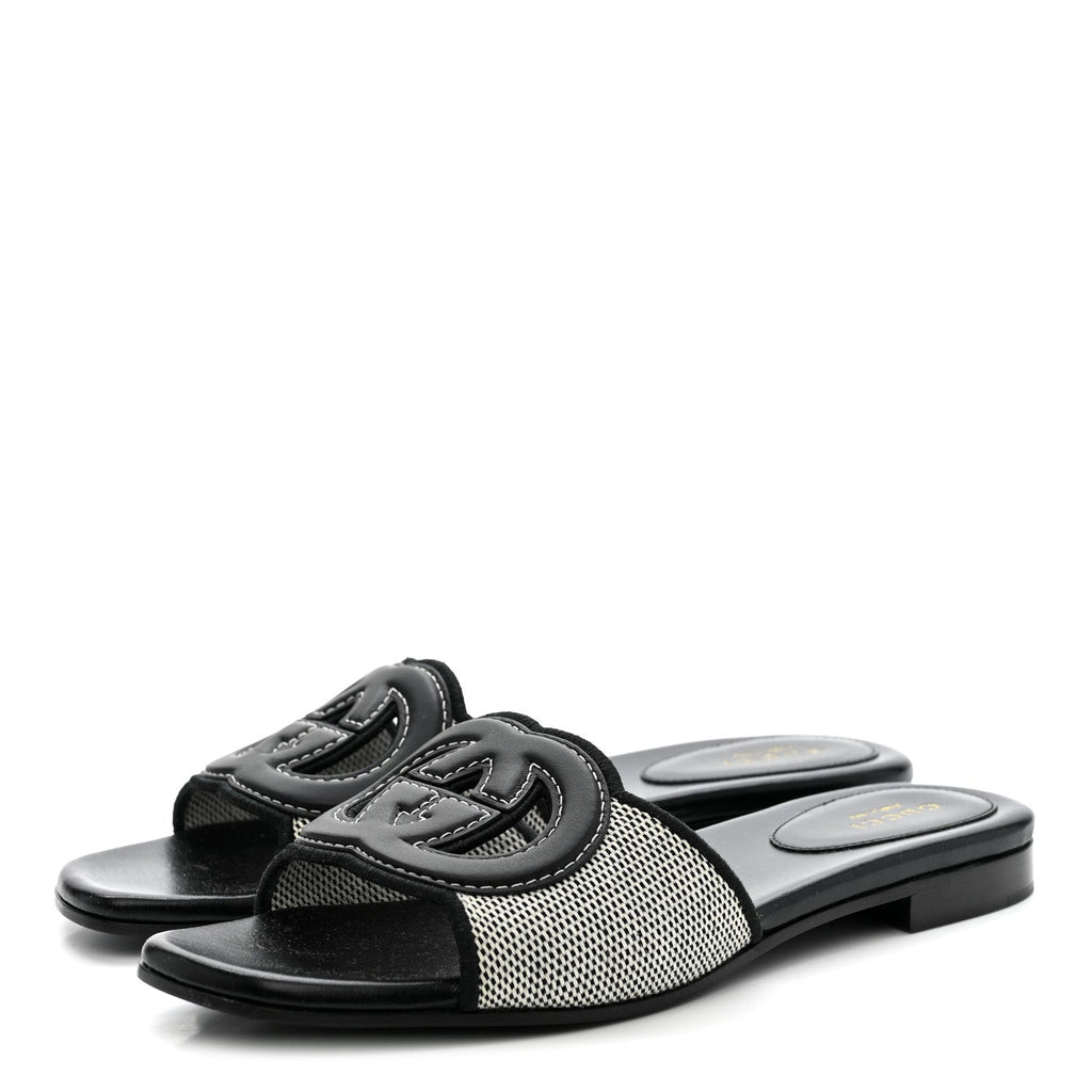 Cosmo Softy Calfskin Canvas Interlocking G Cut Out Slide Sandals 37.5 Natural Black