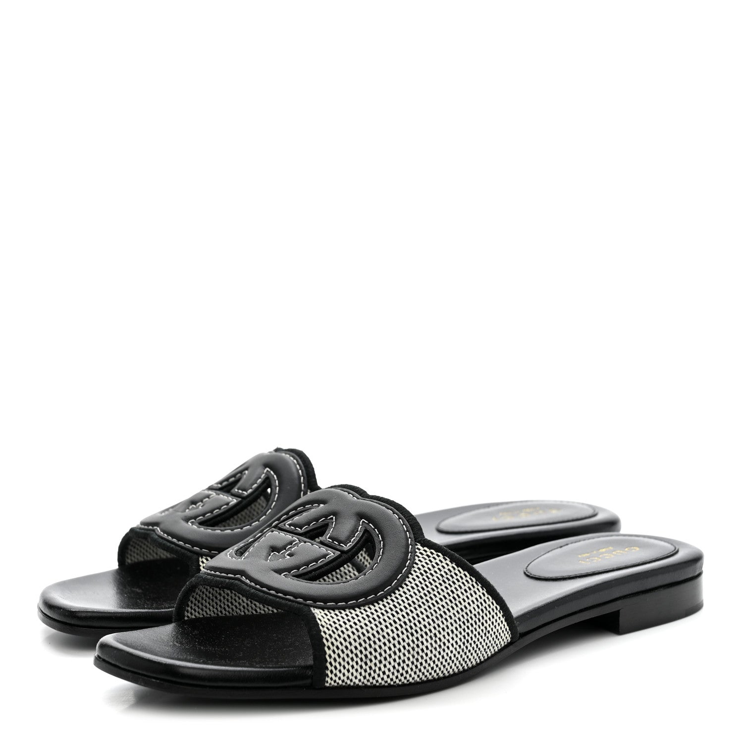 Cosmo Softy Calfskin Canvas Interlocking G Cut Out Slide Sandals 37.5 Natural Black