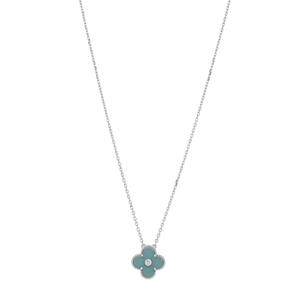 18K White Gold Diamond Celadon Green Sevres Porcelain Vintage Alhambra Pendant Necklace