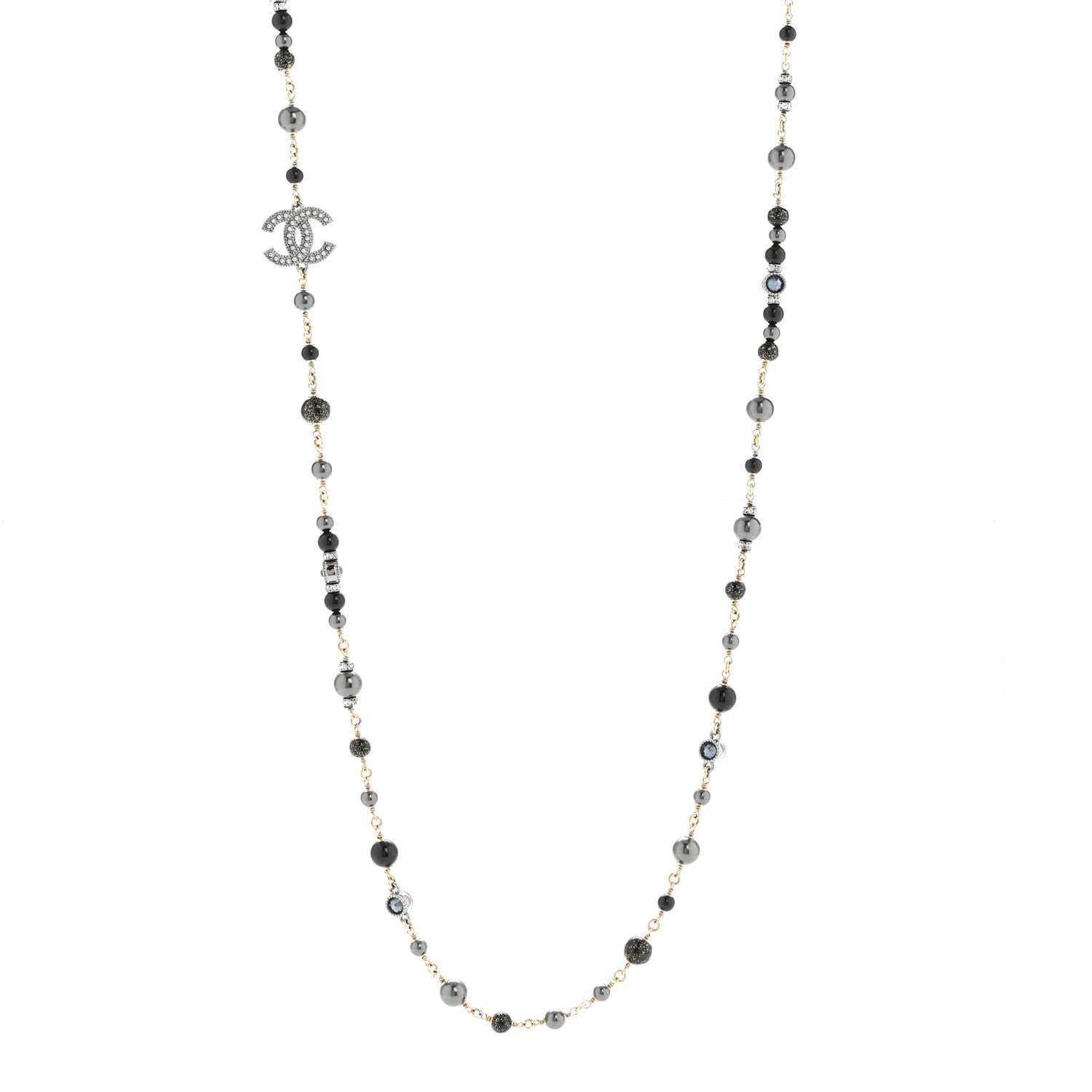 Pearl Bead Crystal CC Long Necklace Black Gold