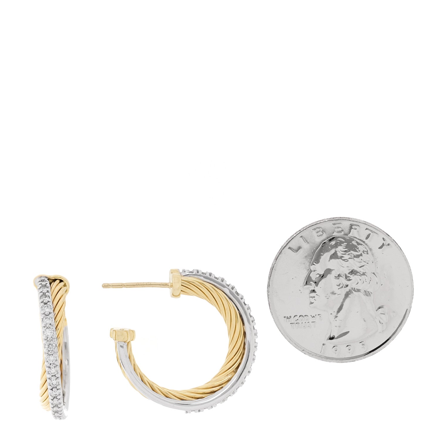 18K Yellow White Gold Diamond 23mm Crossover Cable Hoop Earrings