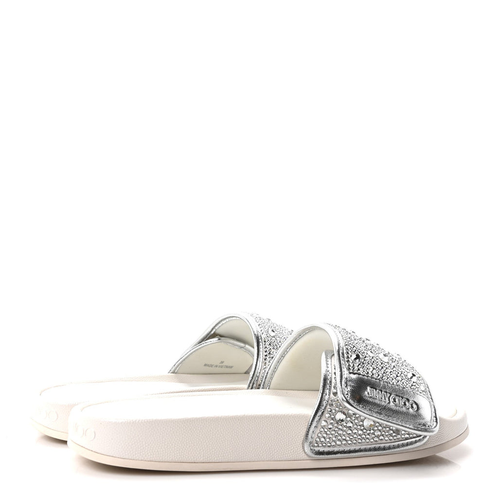 Satin Metallic Nappa Crystal Embellished Fitz Slide Sandals 39 Ivory