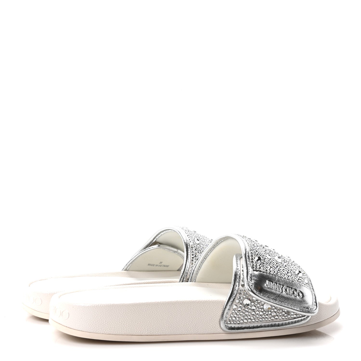 Satin Metallic Nappa Crystal Embellished Fitz Slide Sandals 39 Ivory