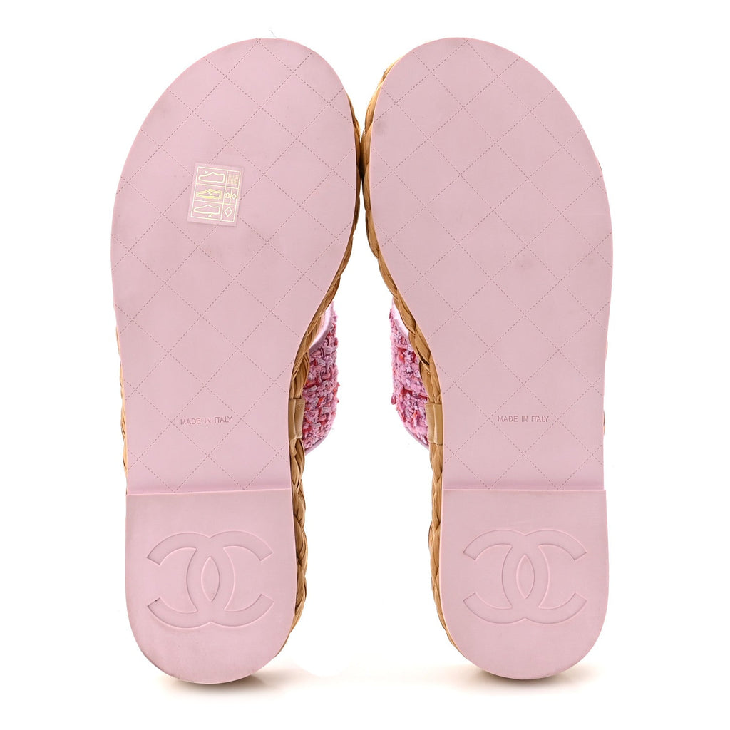 Tweed Mesh Satin CC Thong Sandals 37 Light Purple Pink Red