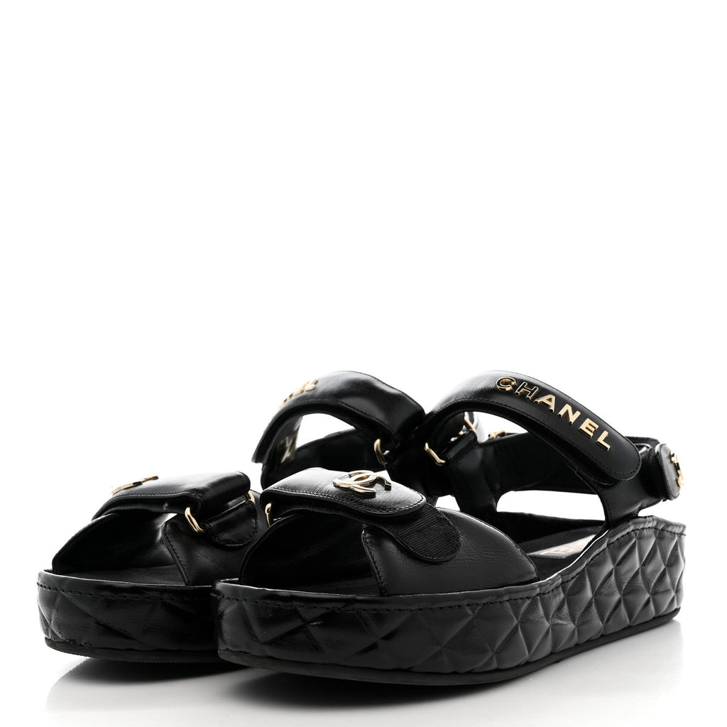 Shiny Calfskin Logo Platform Sandals 39 Black