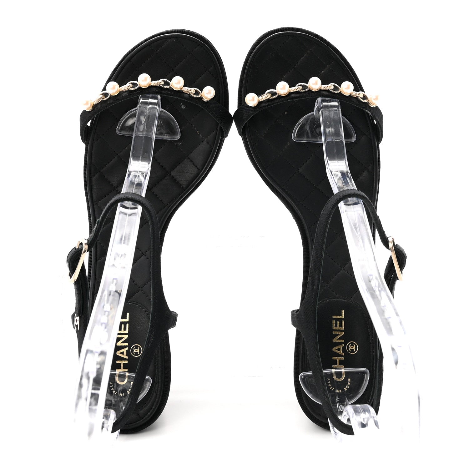 Grosgrain Pearl Chain CC Sandals 37.5 Black