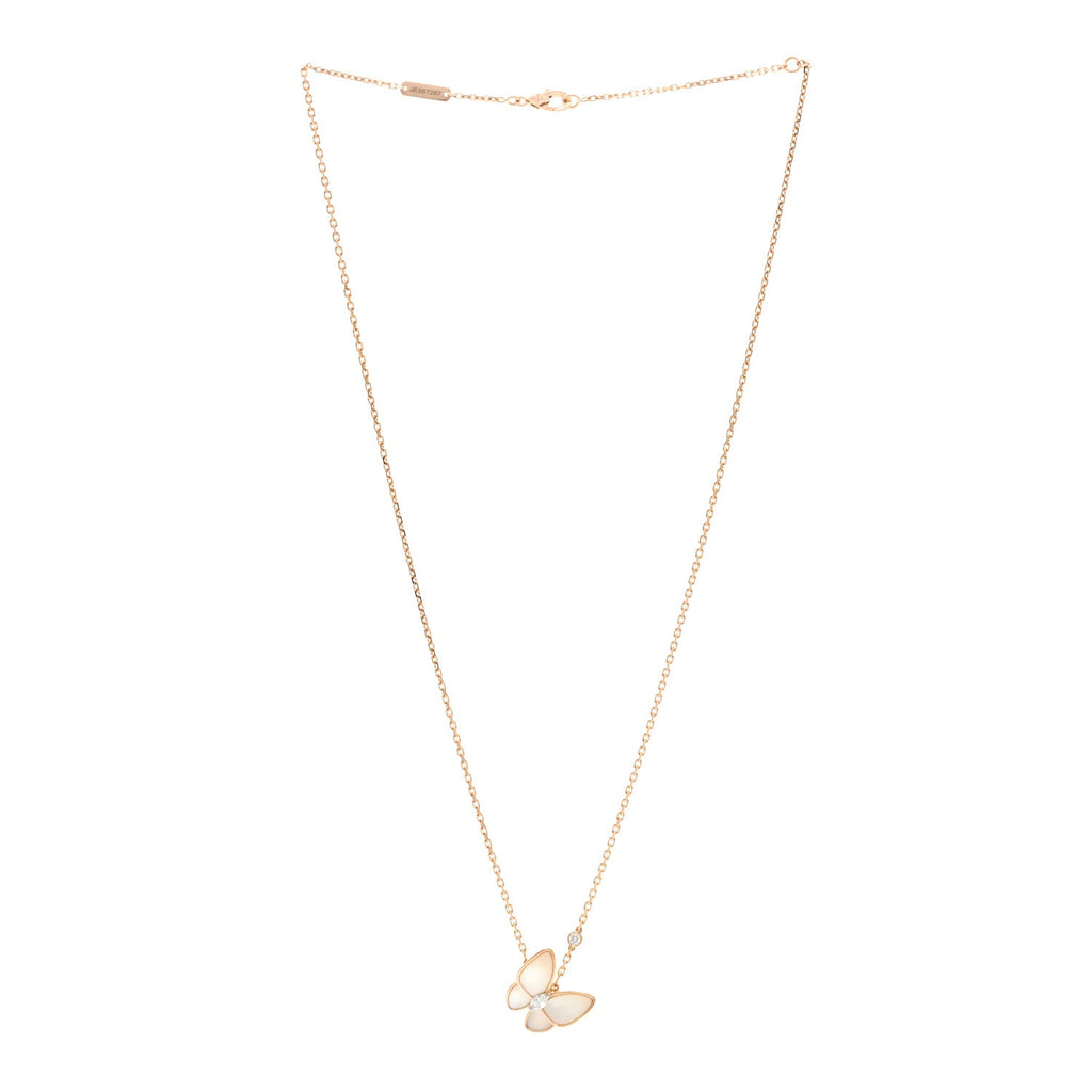 18K Rose Gold Diamond Mother of Pearl Two Butterfly Pendant Necklace