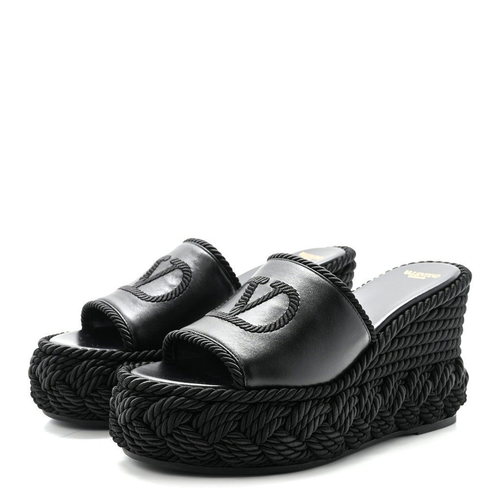 Calfskin Silk Torchon Vlogo Platform Espadrille 100 Wedge Sandals 39 Black