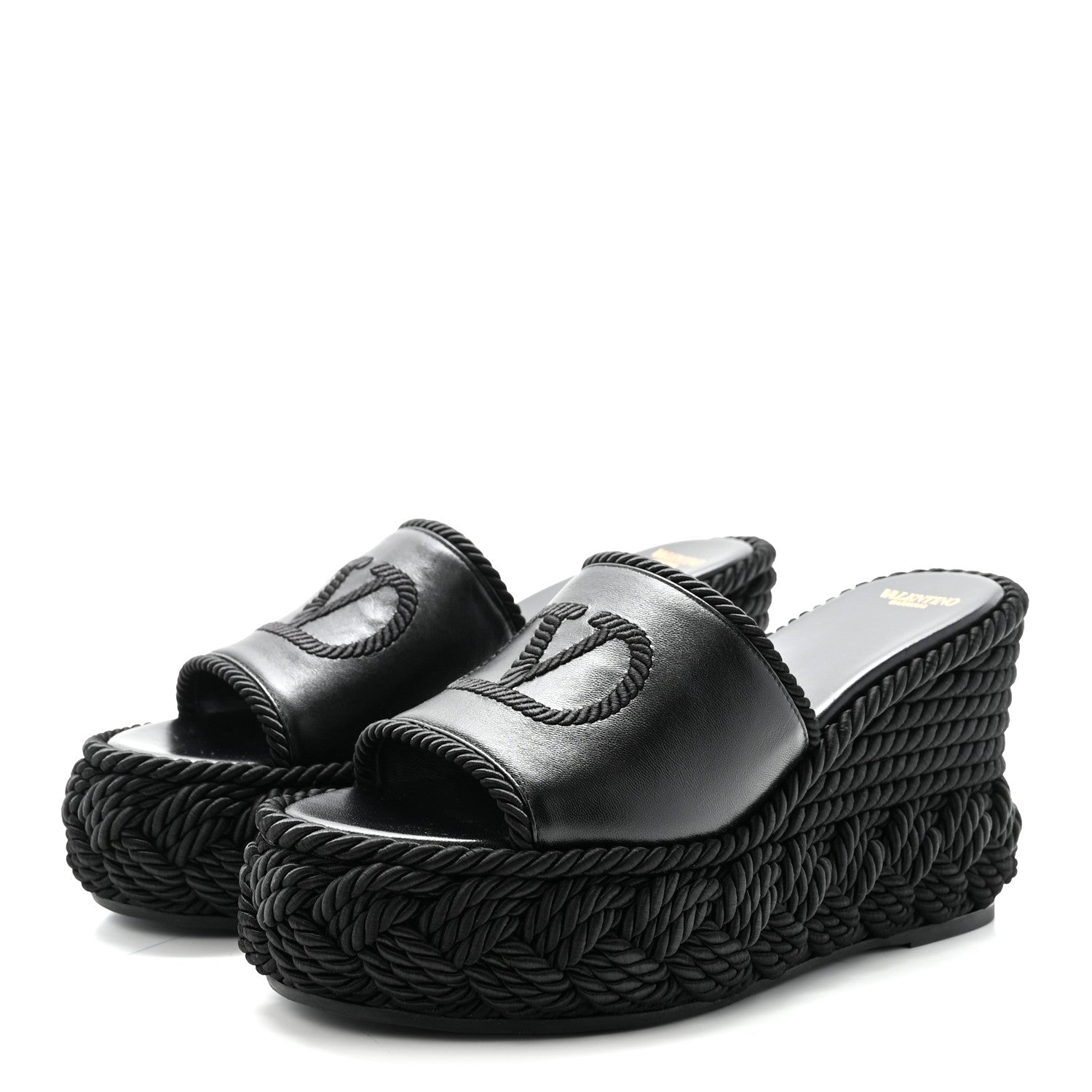 Calfskin Silk Torchon Vlogo Platform Espadrille 100 Wedge Sandals 39 Black
