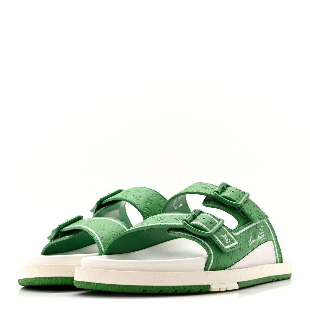 Calfskin Embossed Mens Script Trainer Mules 8 Green White