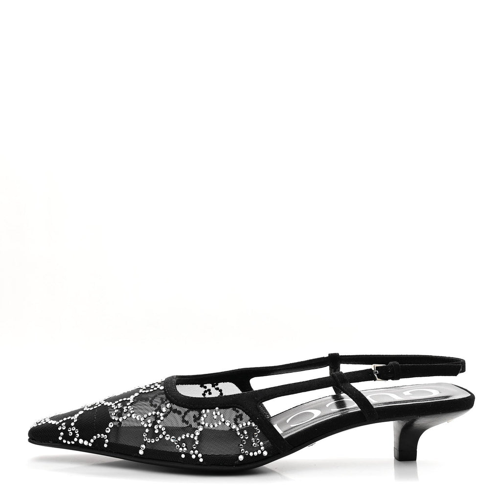 Tela Retino Kid Scamosciato Crystal GG Monogram Square G 35mm Slingback Pumps 35.5 Black
