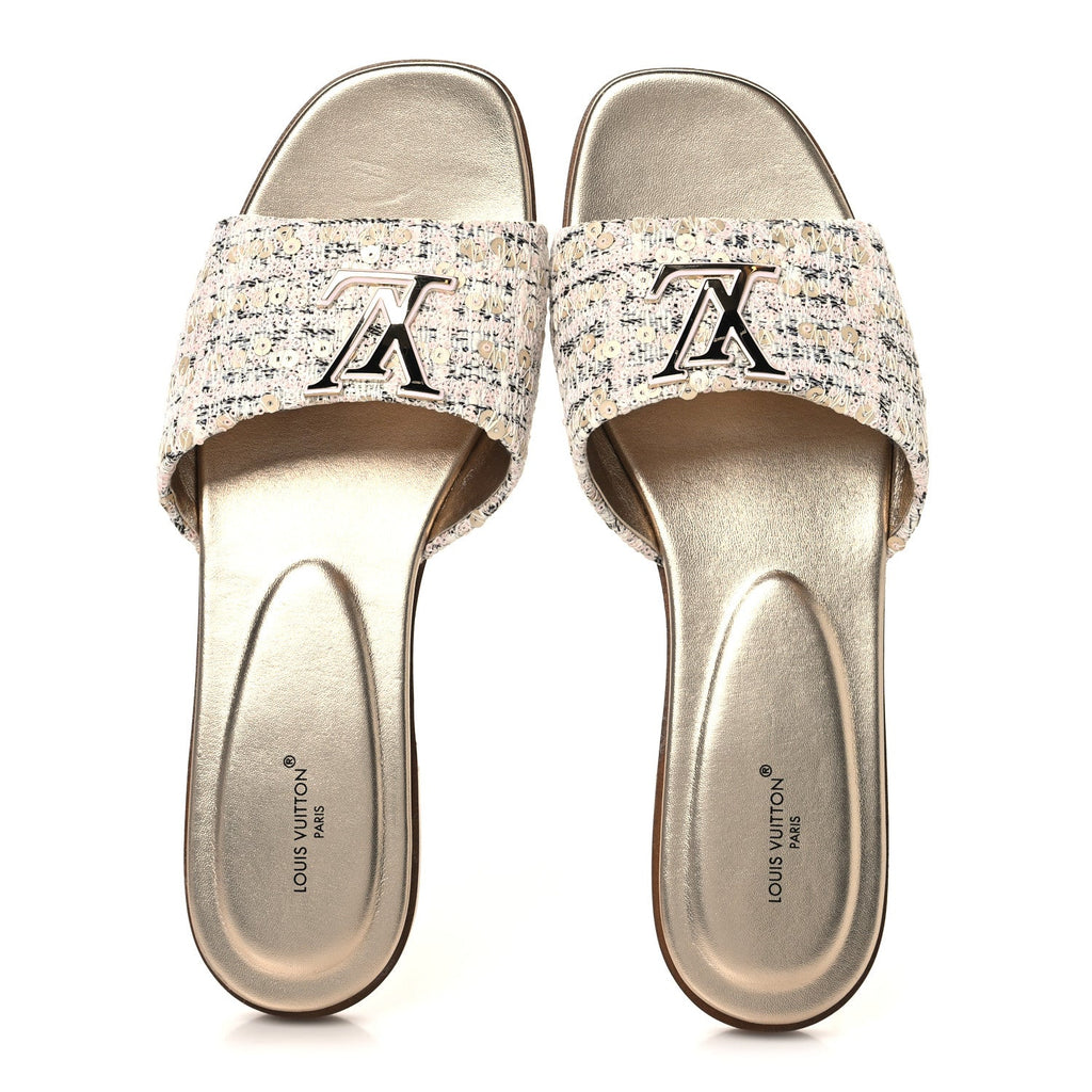 Tweed Sequin LV Mare Flat Mule Sandals 39 Light Gold