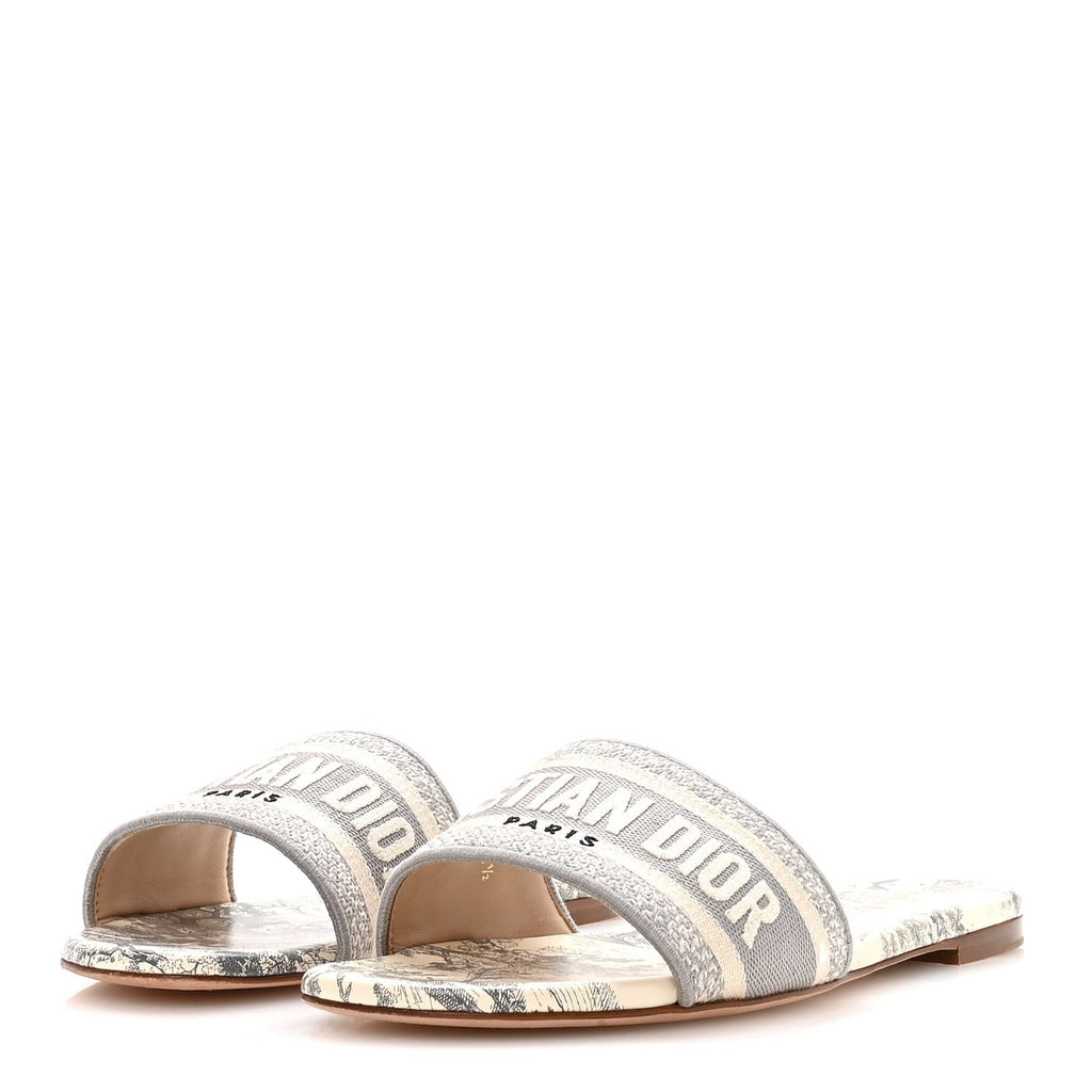 Canvas Toile De Jouy Embroidered Dway Flat Slide Sandals 39.5 Light Grey