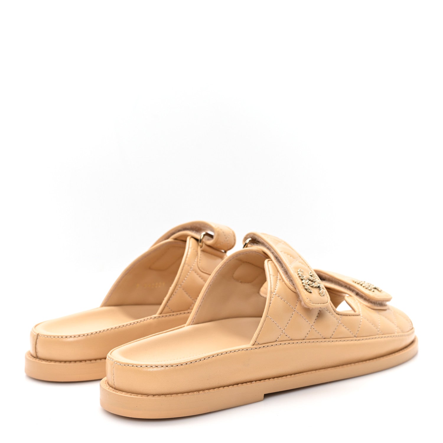 Lambskin Quilted Velcro Dad Chain CC Slide Sandals 40 Beige