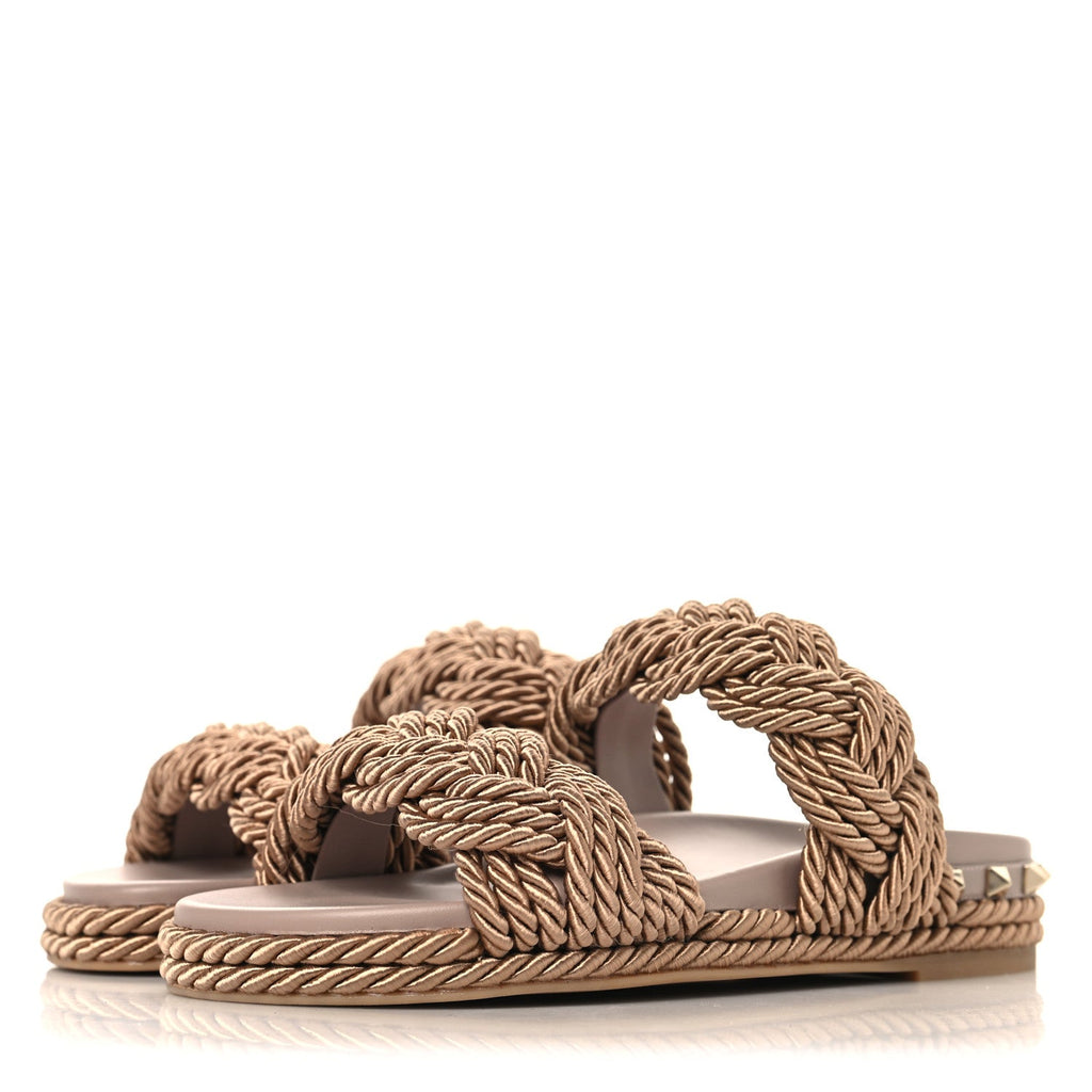 Calfskin Silk Woven Rockstud Torchon 5mm Sandals 36 Poudre