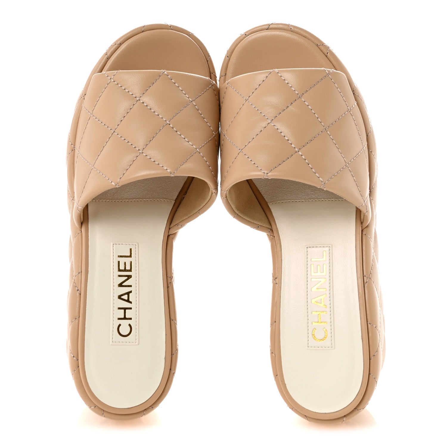 Lambskin Quilted Camelia CC Wedge Sandal Mules 39 Beige