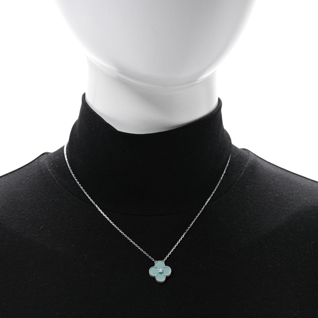 18K White Gold Diamond Celadon Green Sevres Porcelain Vintage Alhambra Pendant Necklace