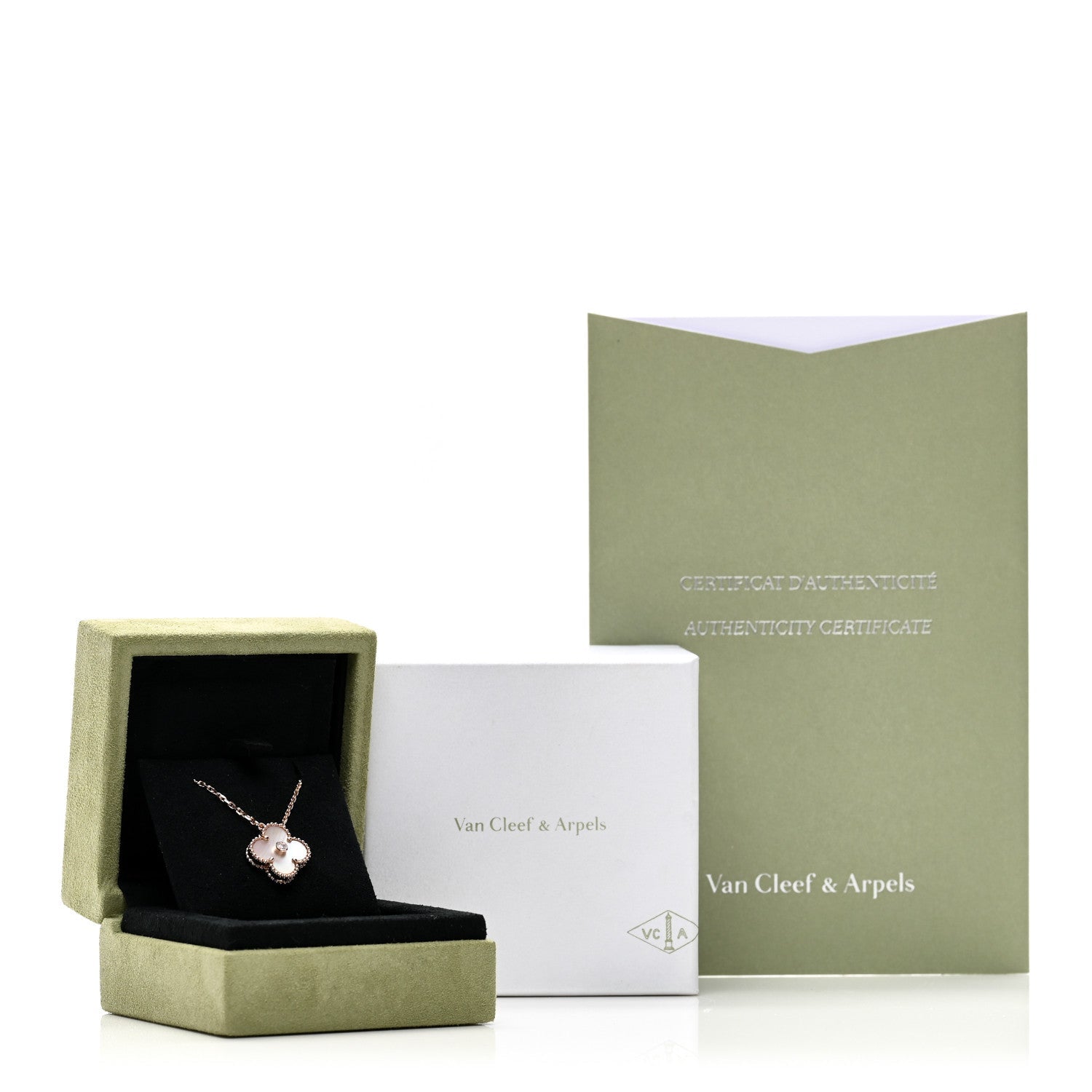 18K Rose Gold Diamond Pink Mother of Pearl Vintage Alhambra Pendant Necklace