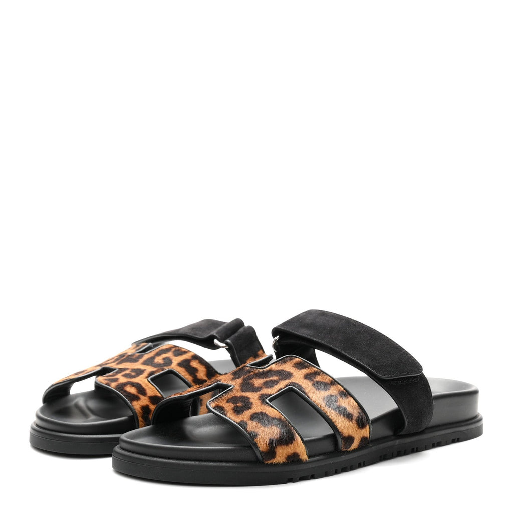 Moire Calfskin Suede Goatskin Womens Leopard Chypre Sandals 38 Gold Black