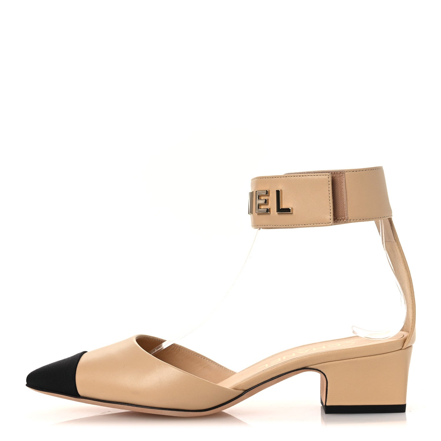 Lambskin Grosgrain Cap Toe Logo Ankle Strap Pumps 38 Beige Black