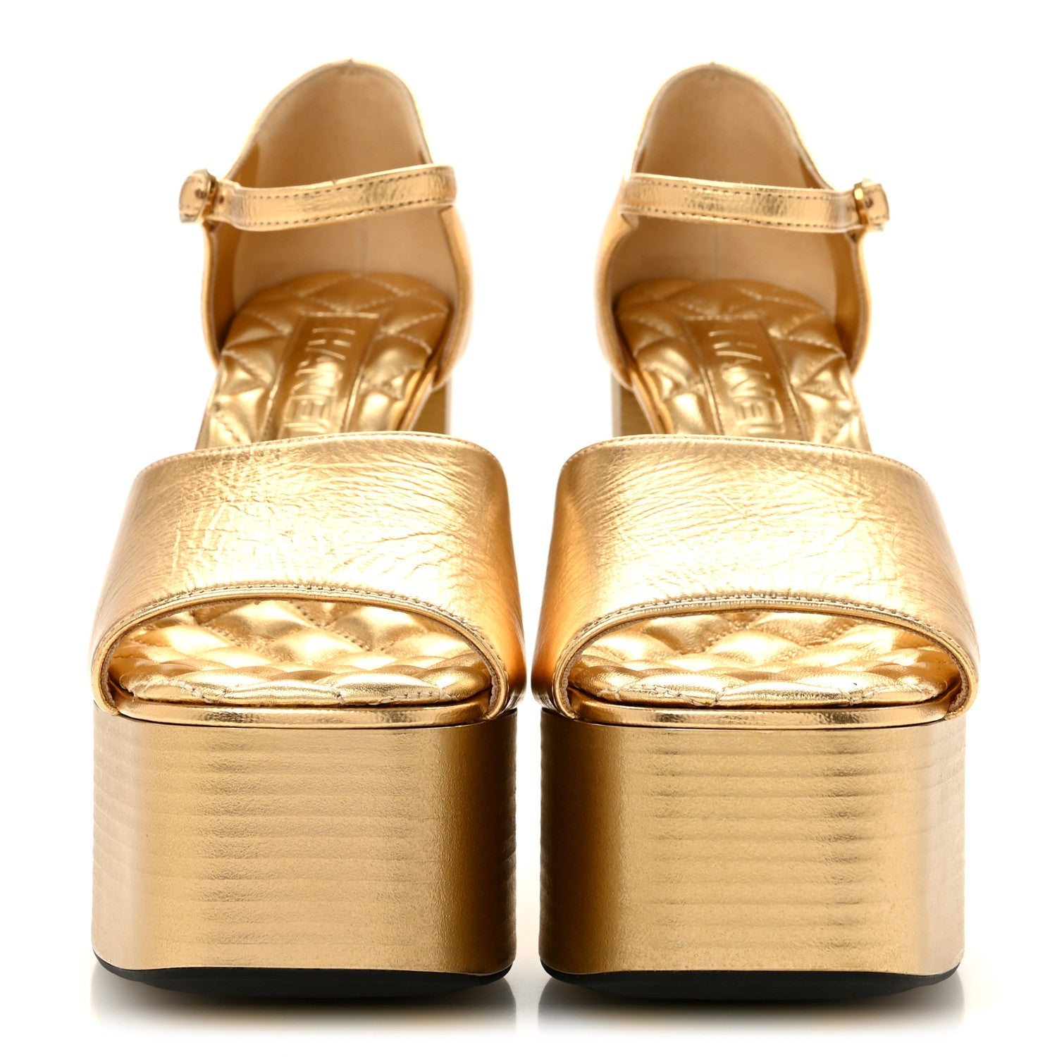 Laminated Crumpled Lambskin Platform Sandals 36.5 Gold