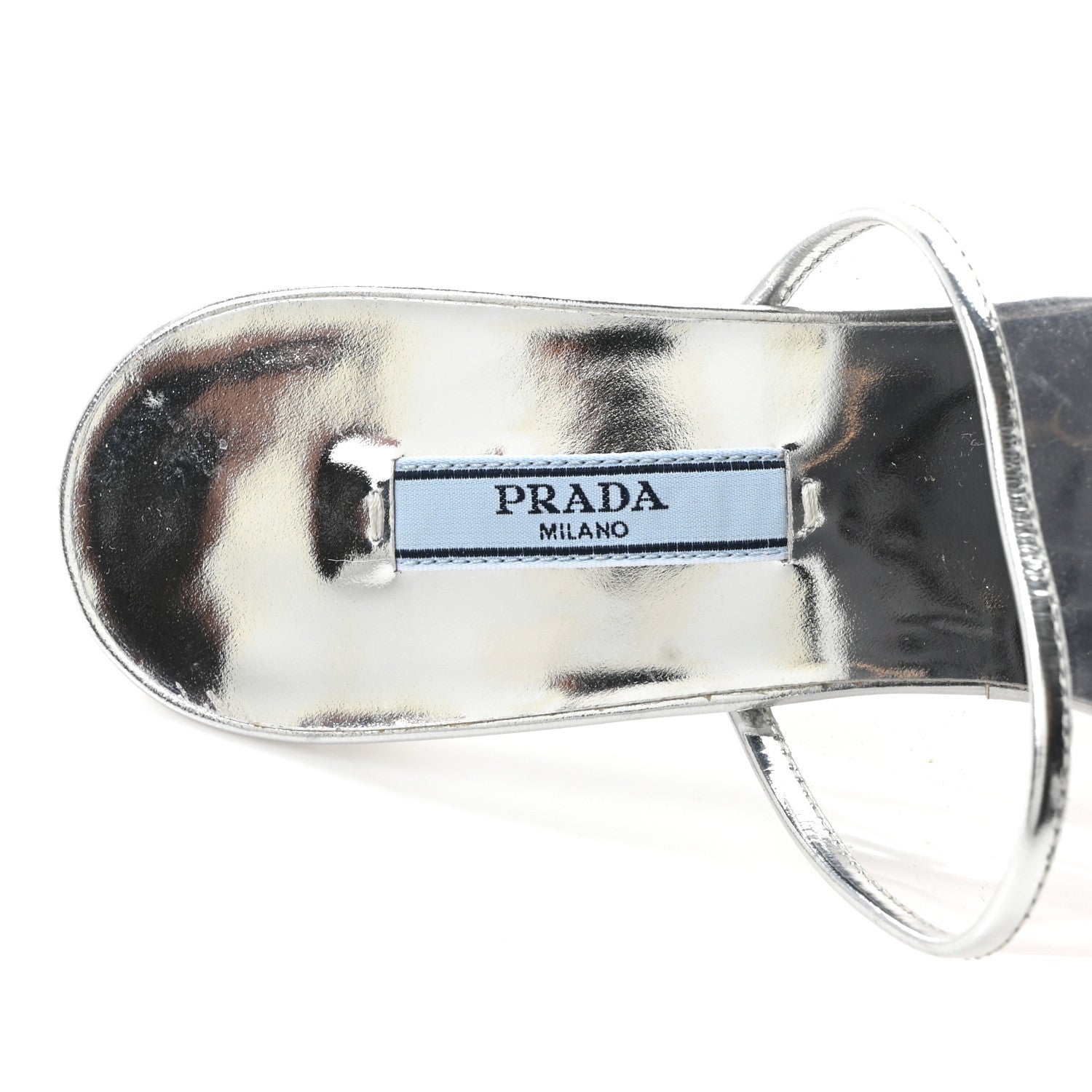 Plexiglass Metallic Calfskin Metal Triangle Logo 75mm Slide Sandals 38 Argento