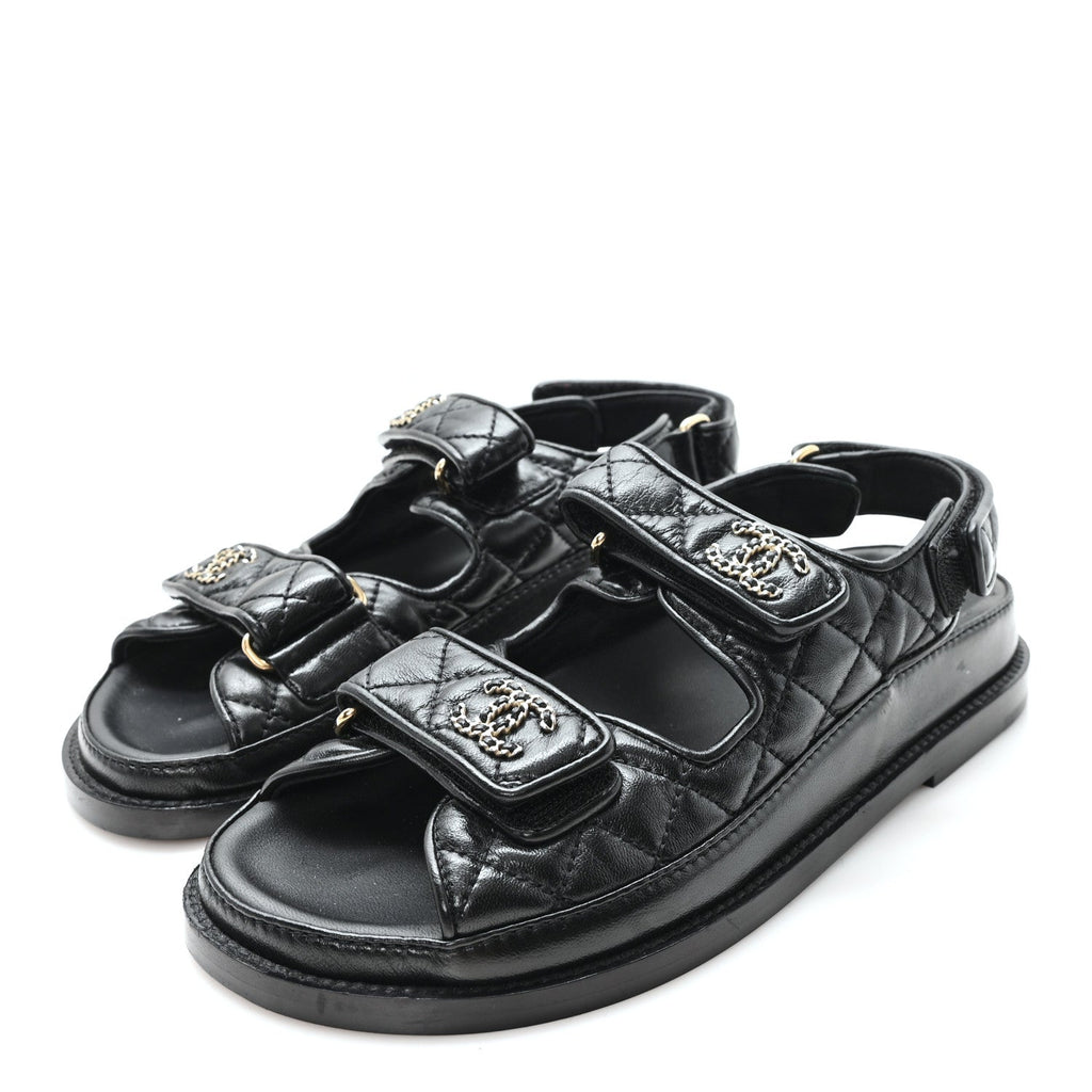 Lambskin Quilted Velcro Dad Chain CC Slide Sandals 36 Black