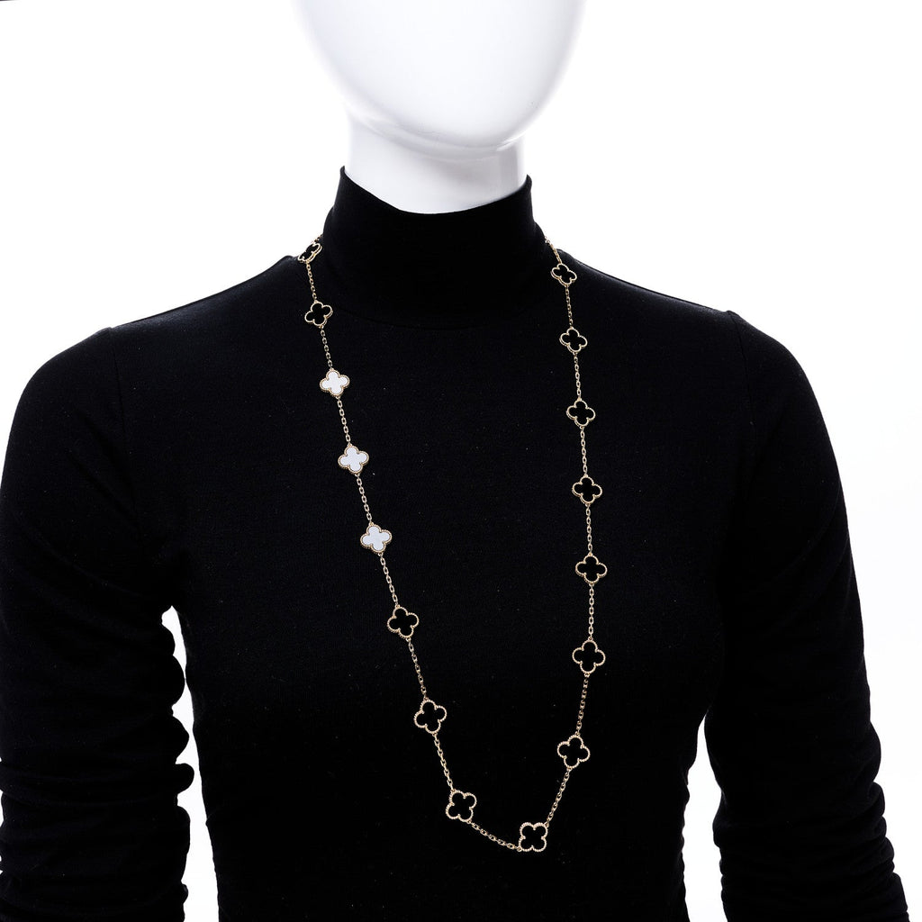 18K Yellow Gold Black Onyx 20 Motifs Vintage Alhambra Necklace