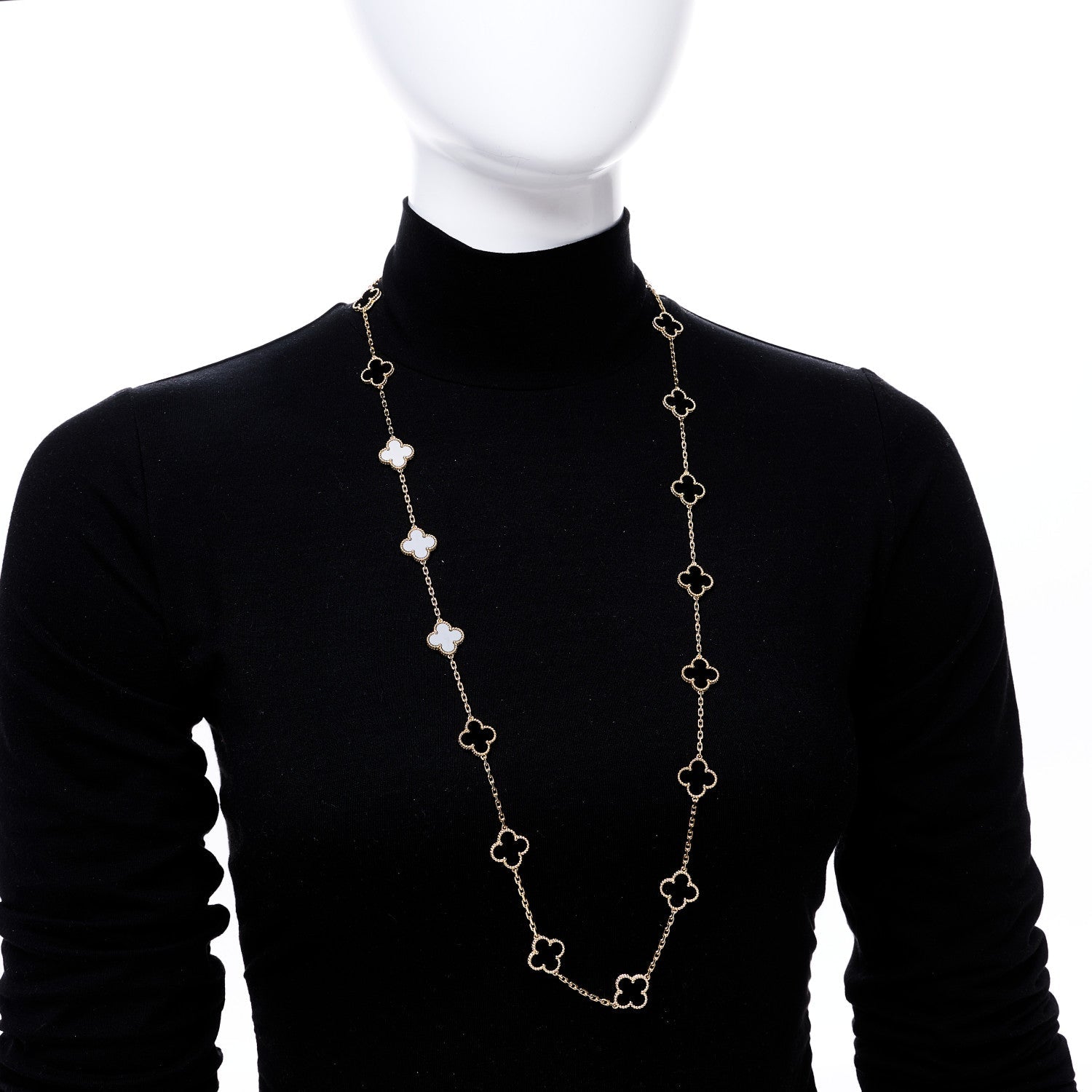 18K Yellow Gold Black Onyx 20 Motifs Vintage Alhambra Necklace