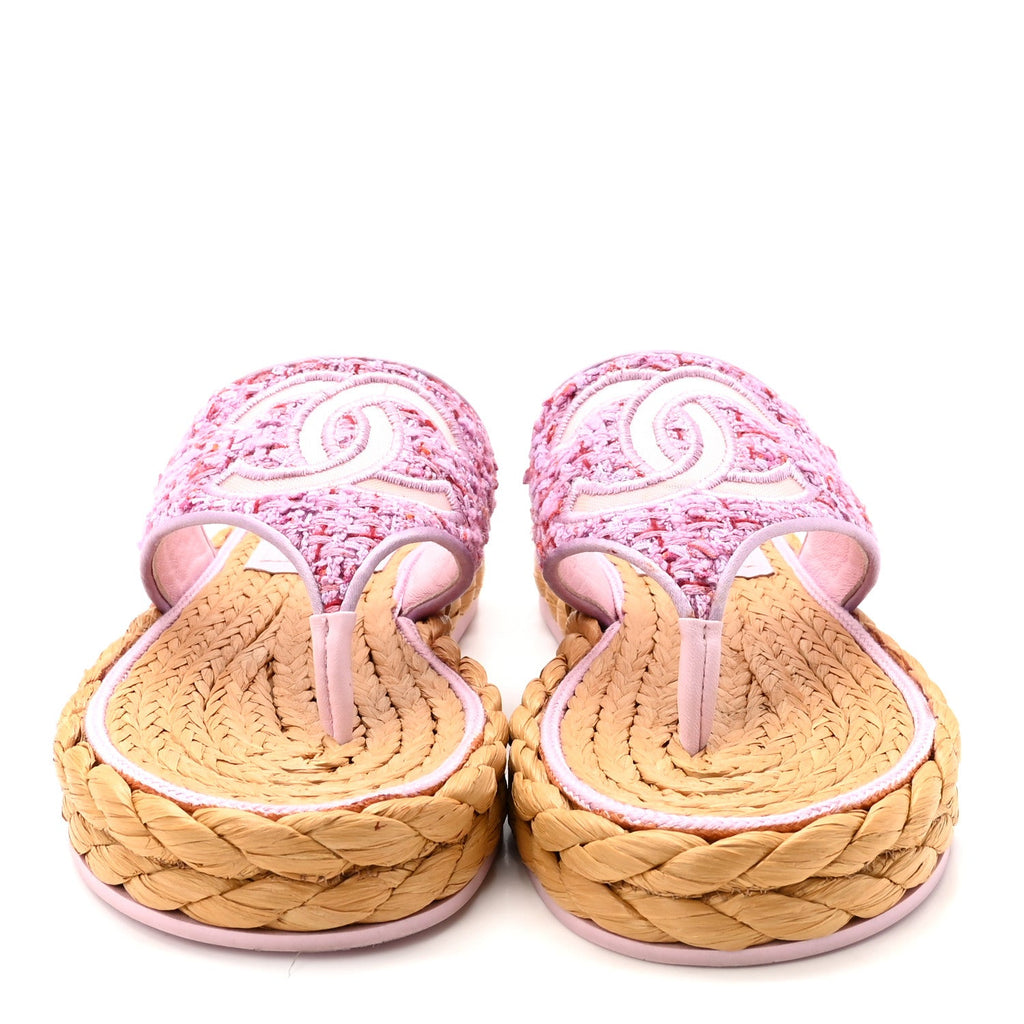 Tweed Mesh Satin CC Thong Sandals 37 Light Purple Pink Red