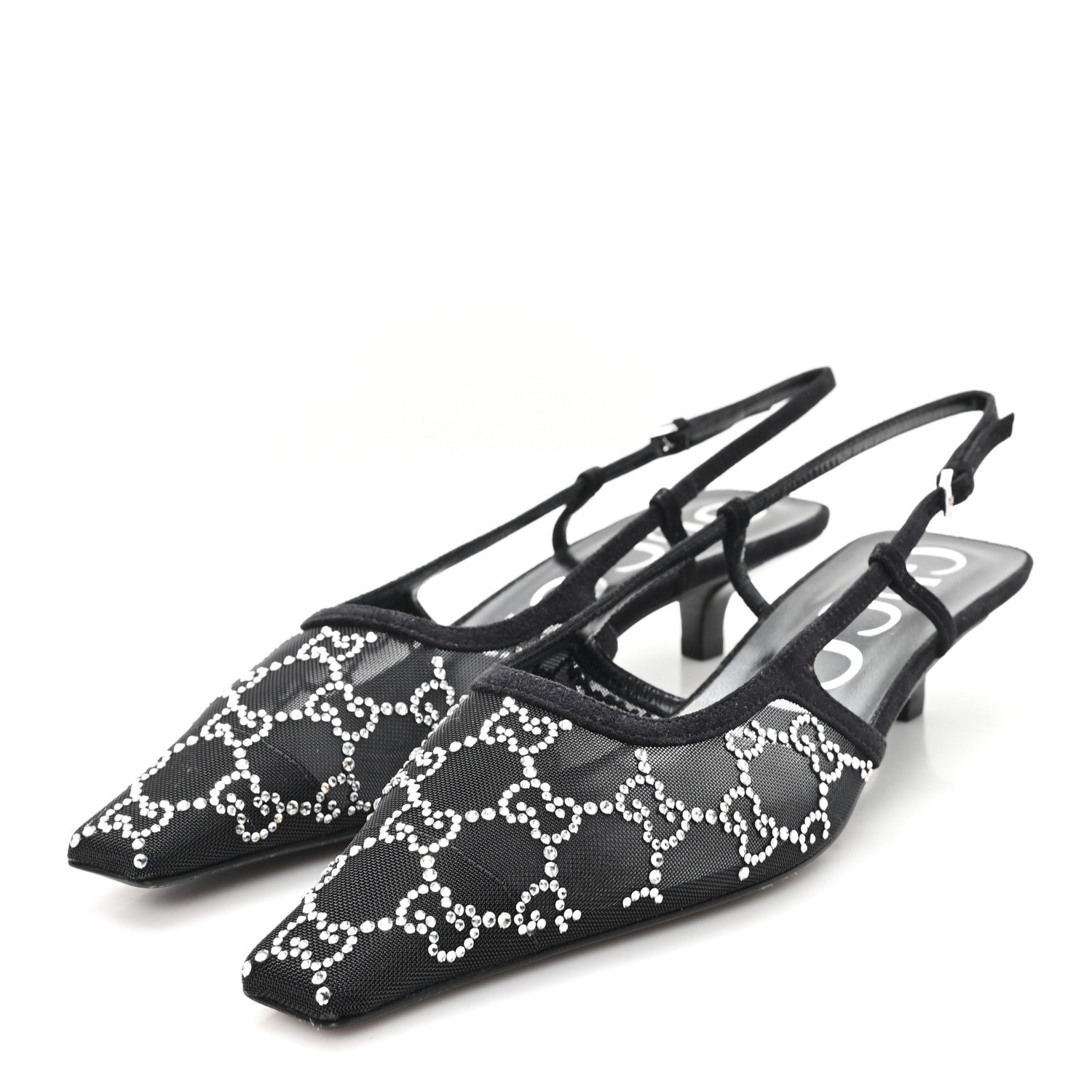 Tela Retino Kid Scamosciato Crystal GG Monogram Square G 35mm Slingback Pumps 37.5 Black