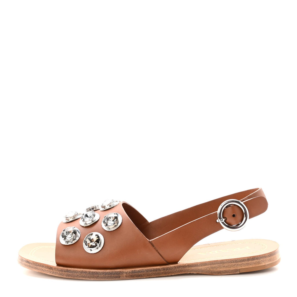 Natural Calfskin Crystal Slingback Sandals 37.5 Brandy