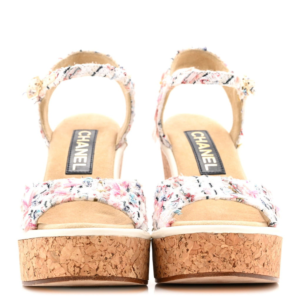 Tweed Cork CC Wedge Sandals 37 Ecru Pink Blue Green