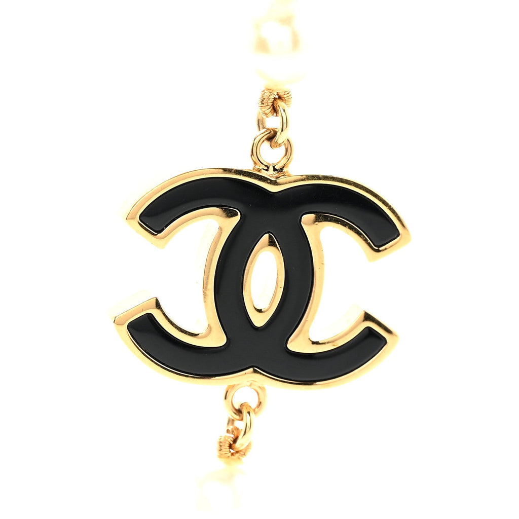 Pearl Beaded Resin CC Long Necklace Black Gold