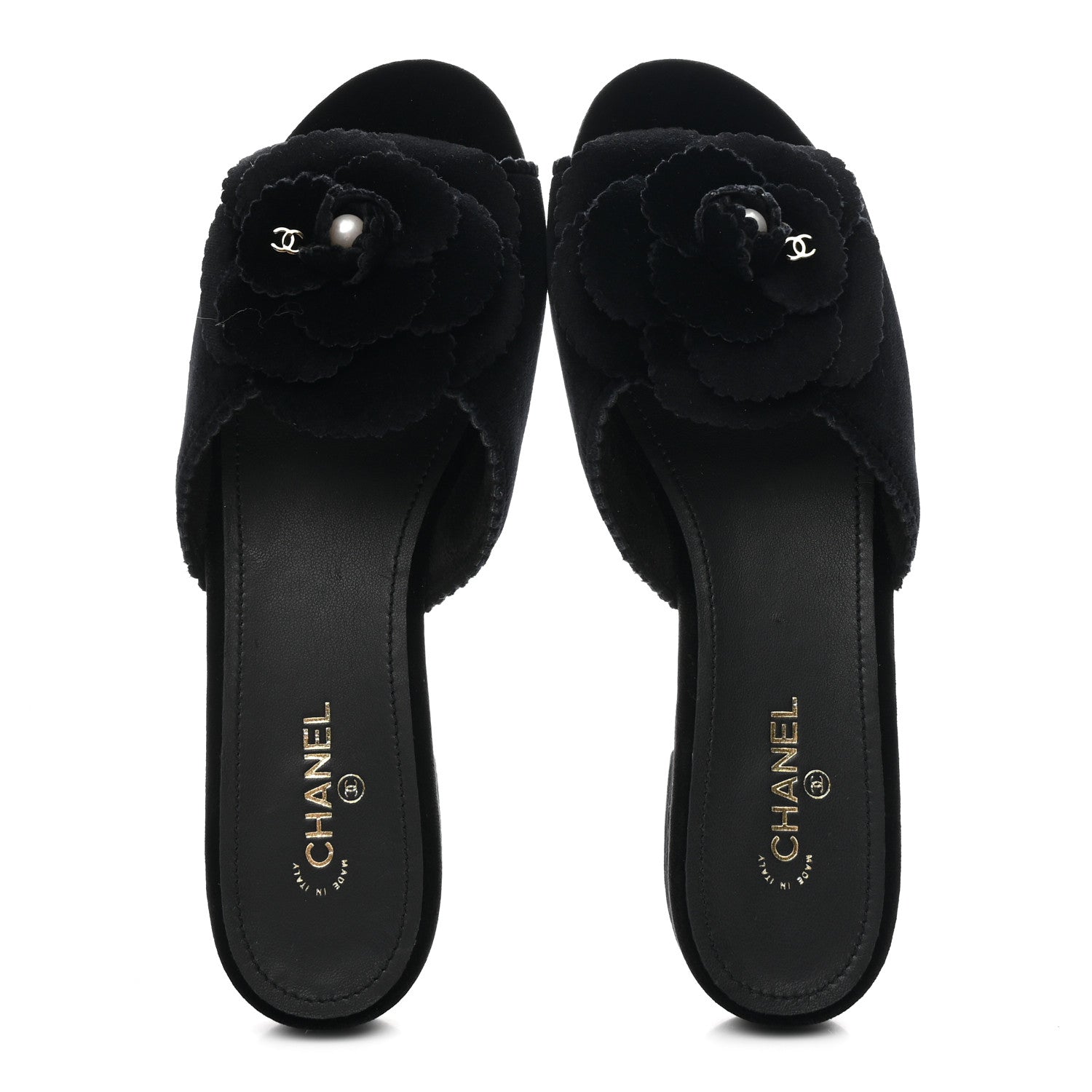 Velvet Pearl Camellia Slide Sandals 37 Black