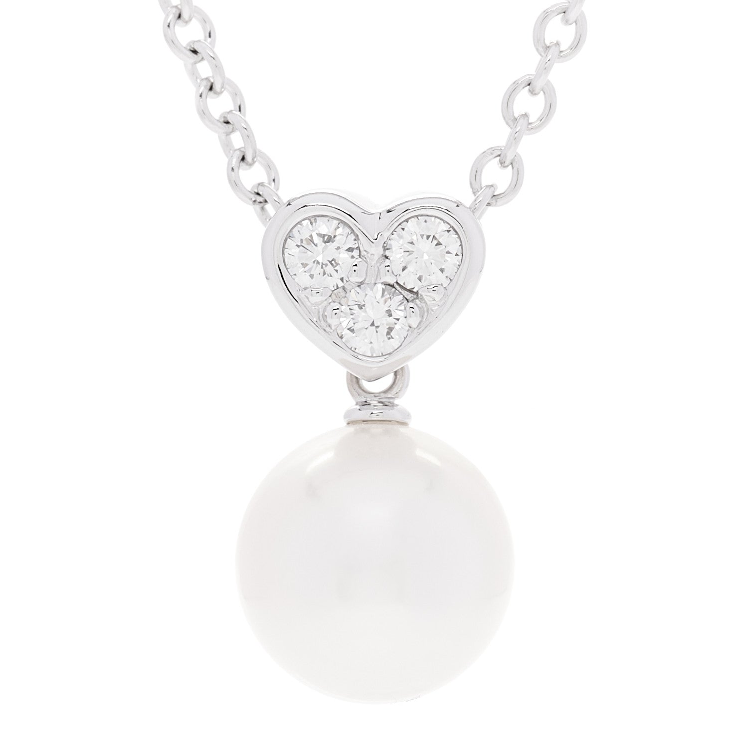18K White Gold Diamond Akoya Cultured Pearl 8mm Heart Drop Pendant Necklace