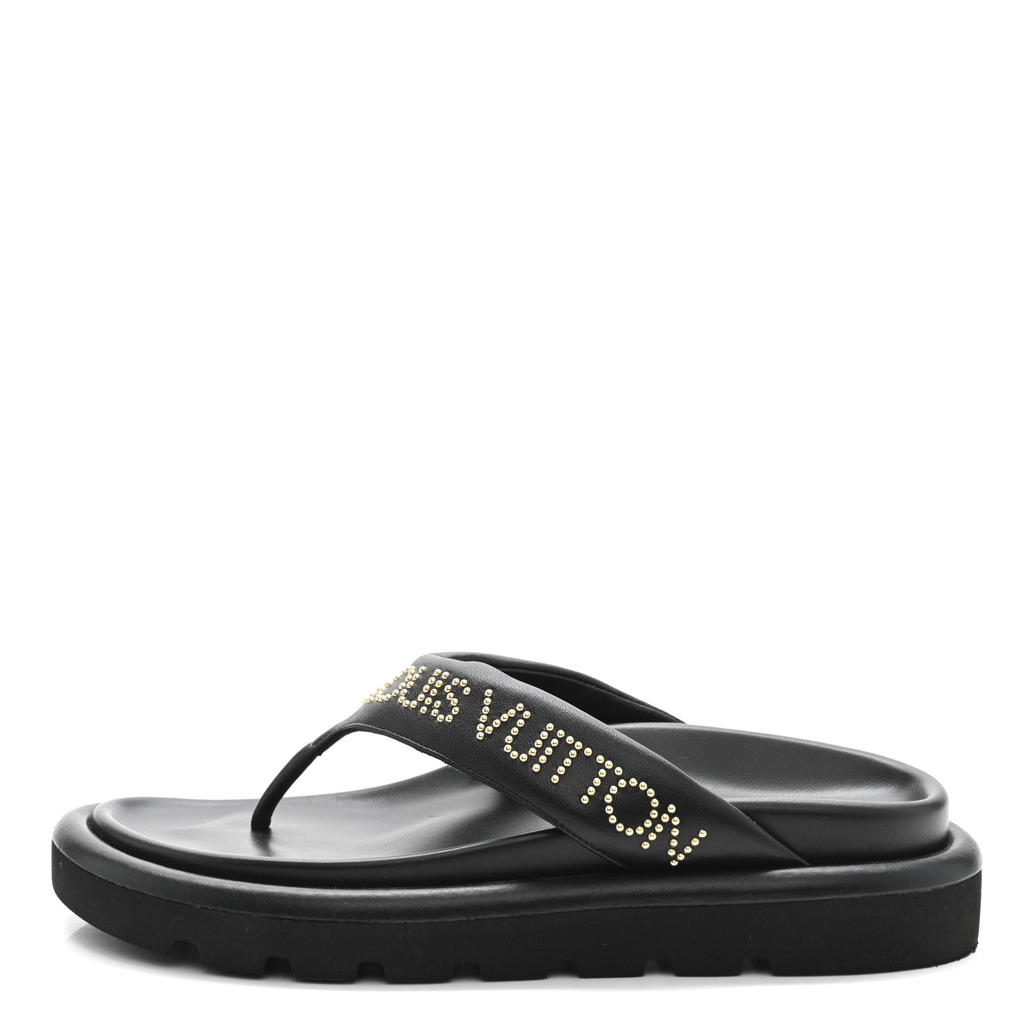 Calfskin Logo Studded Pillow Flat Thong Sandals 35 Black