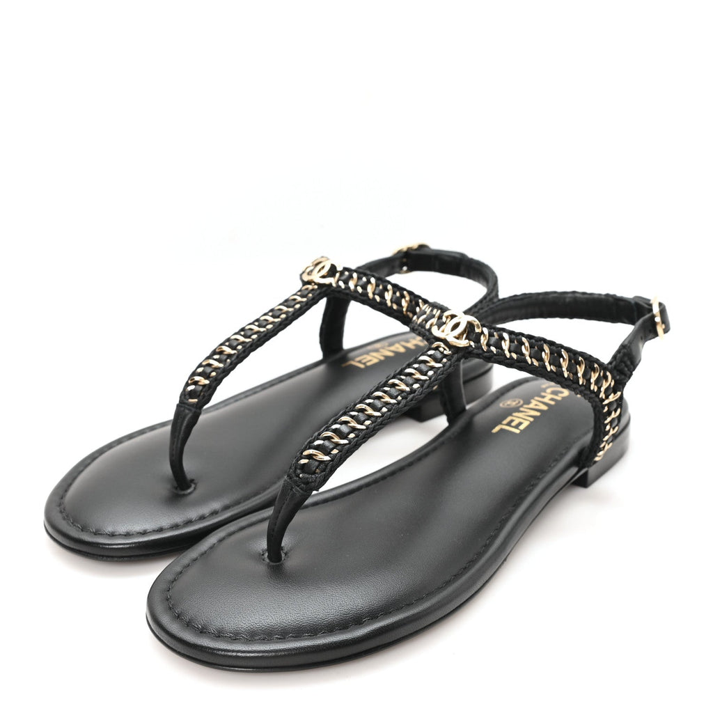 Lambskin Embroidered CC Thong Sandals 39 Black