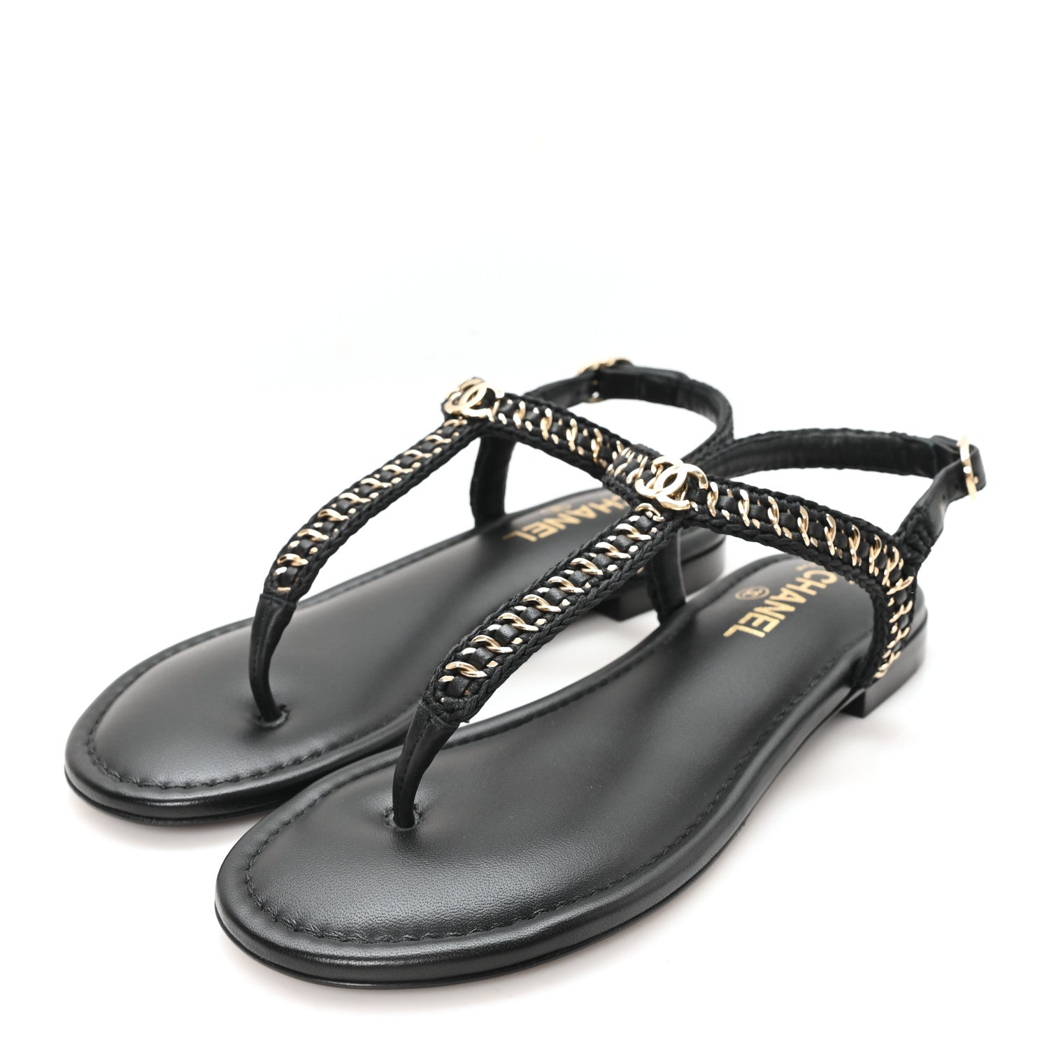 Lambskin Embroidered CC Thong Sandals 39 Black