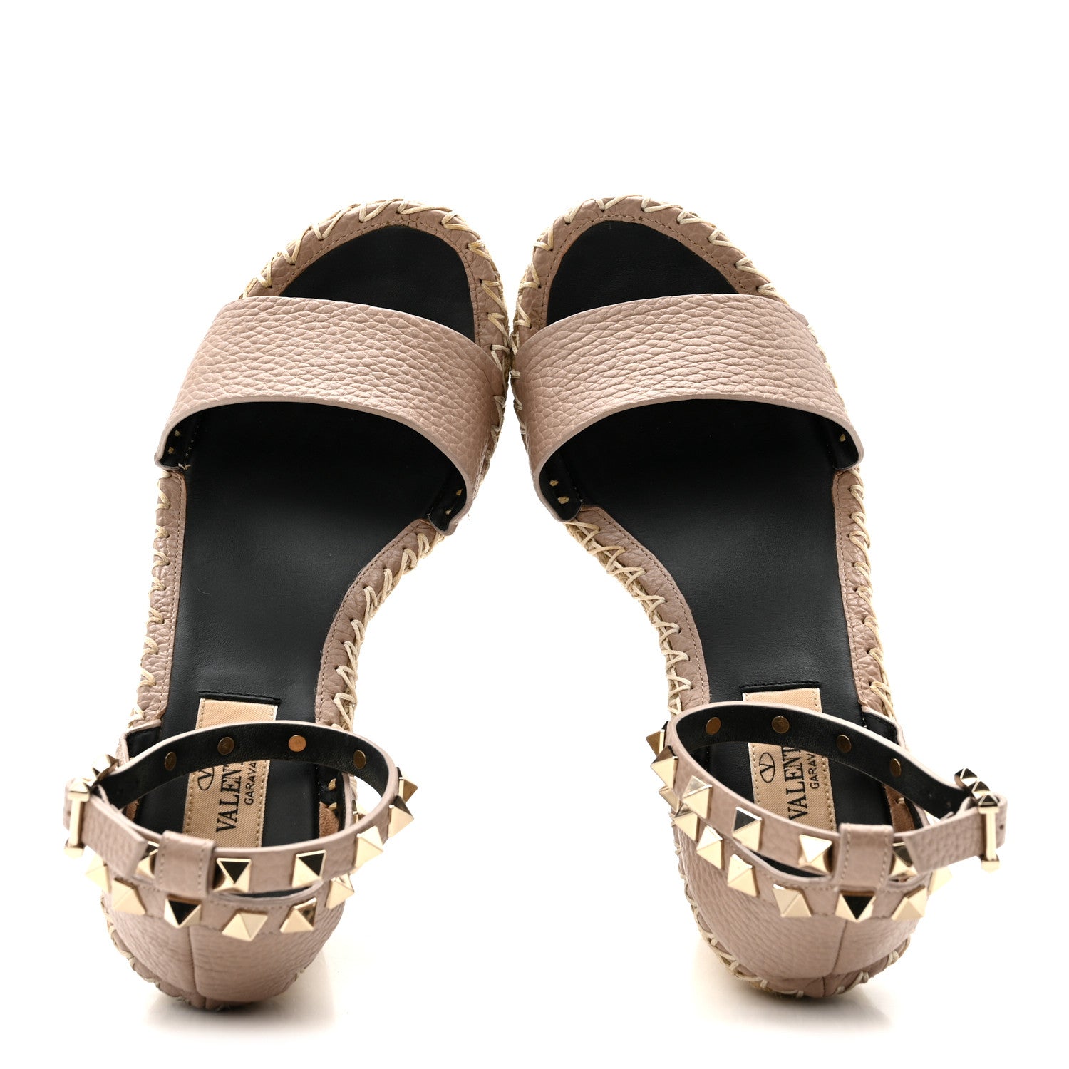 Grained Calfskin Rockstud Ankle Strap Espadrille 15/105mm Wedge Sandals 35 Rose Quartz Natural