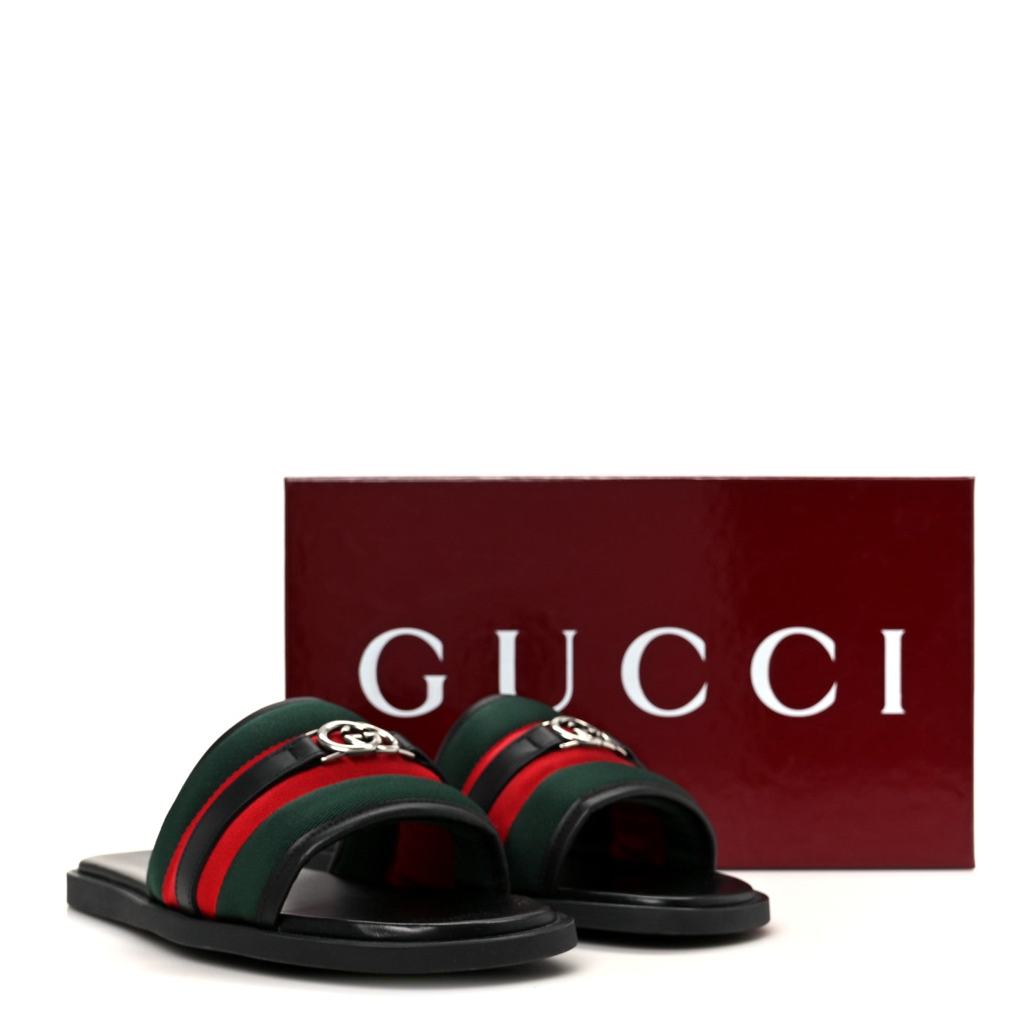 Nylon Calfskin Web Interlocking G Mens Maverik Slide Sandals 41 Black Green Red
