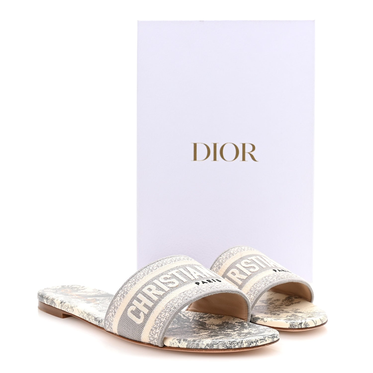 Canvas Toile De Jouy Embroidered Dway Flat Slide Sandals 39.5 Light Grey