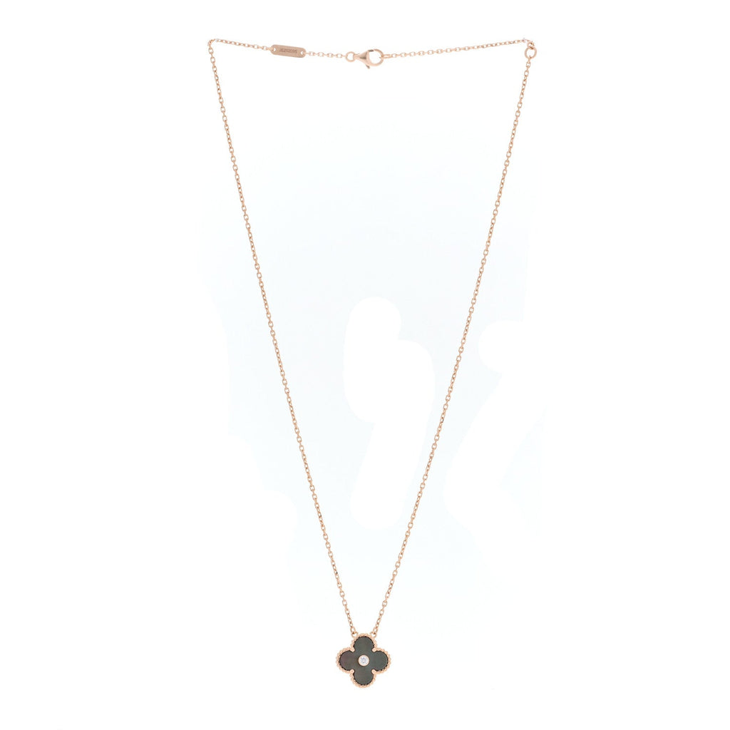 18K Rose Gold Diamond Grey Mother of Pearl Vintage Alhambra Pendant Necklace