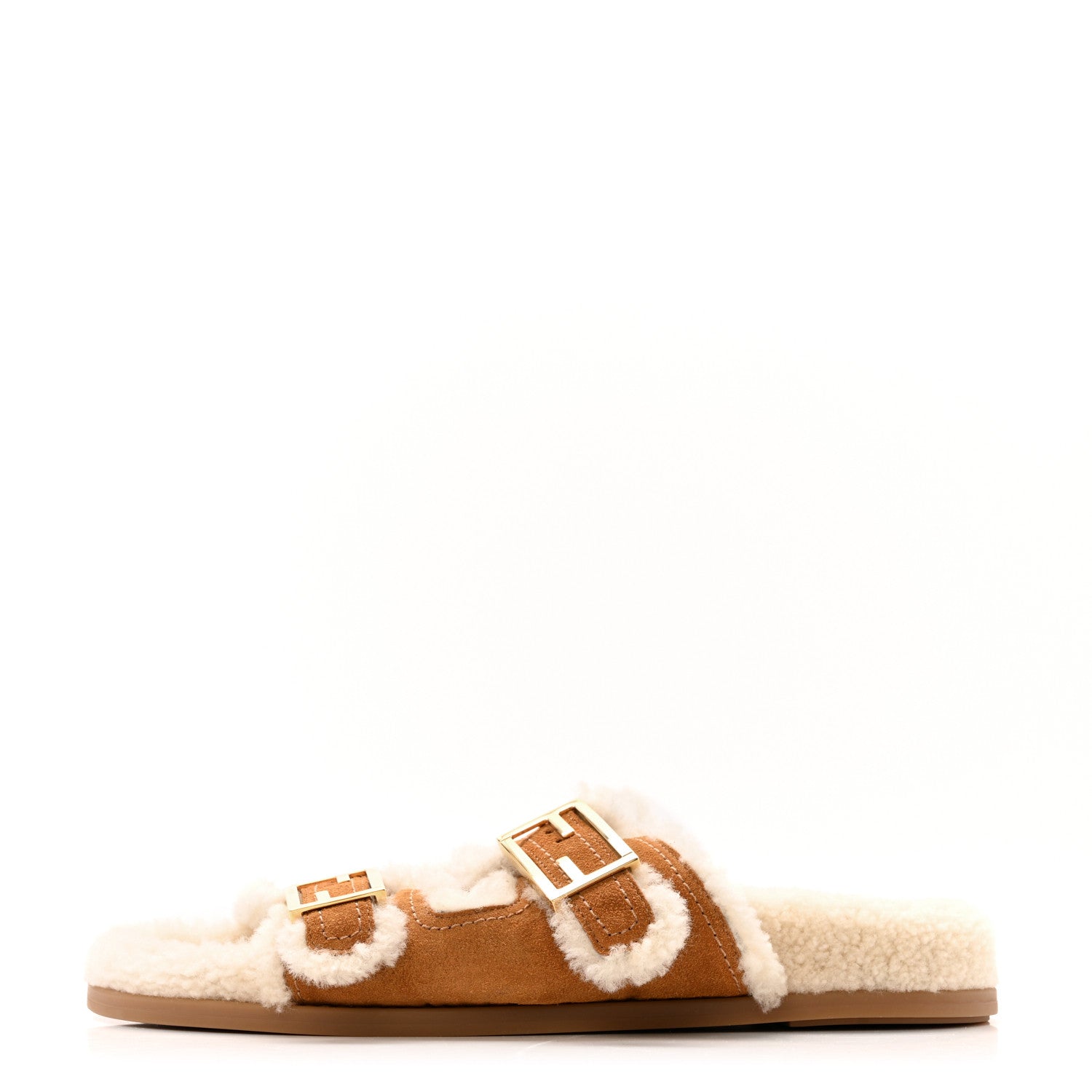 Suede Shearling Fendi Feel Buckled Slide Sandals 40 Beige Latte