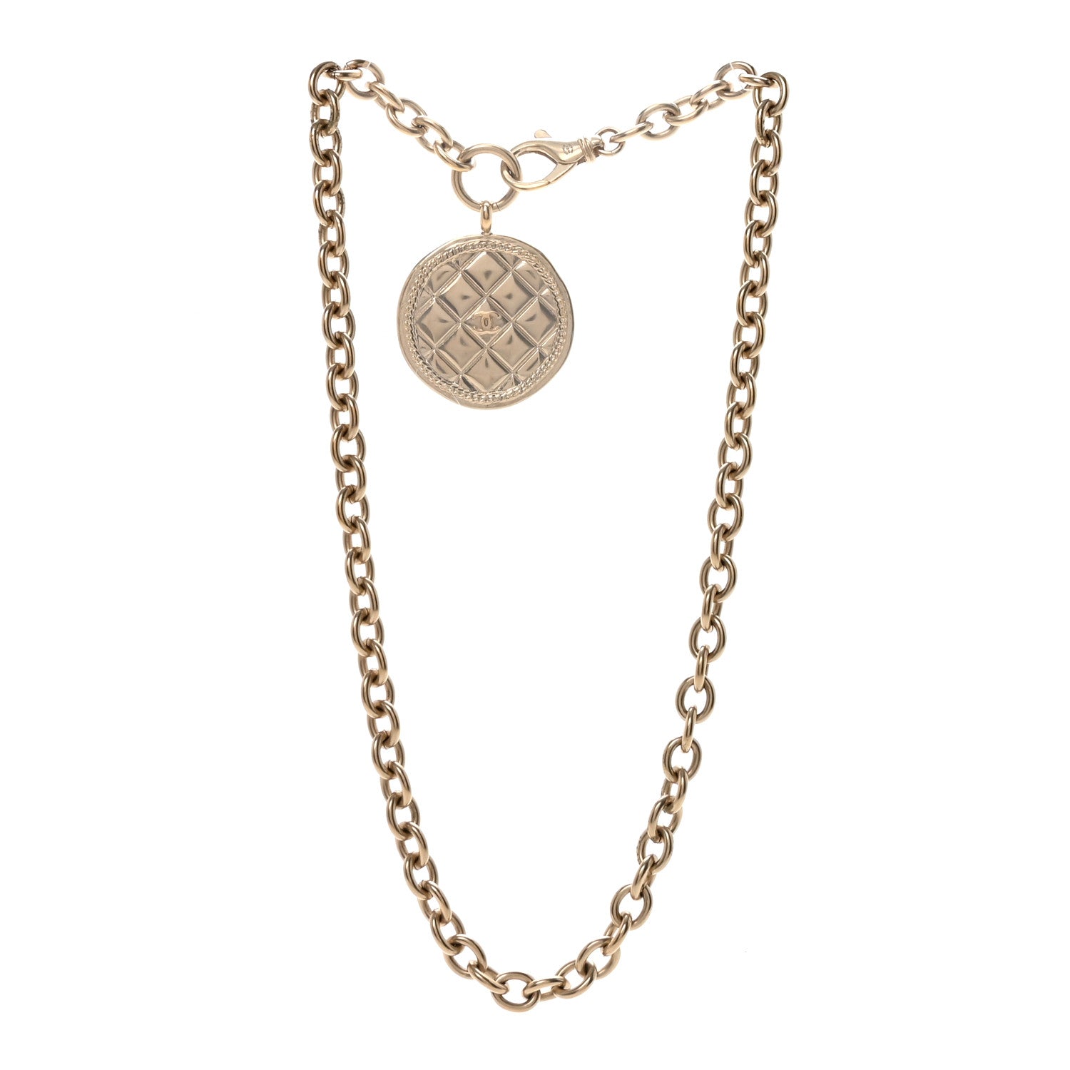 Quilted CC Pendant Chain Necklace Light Gold