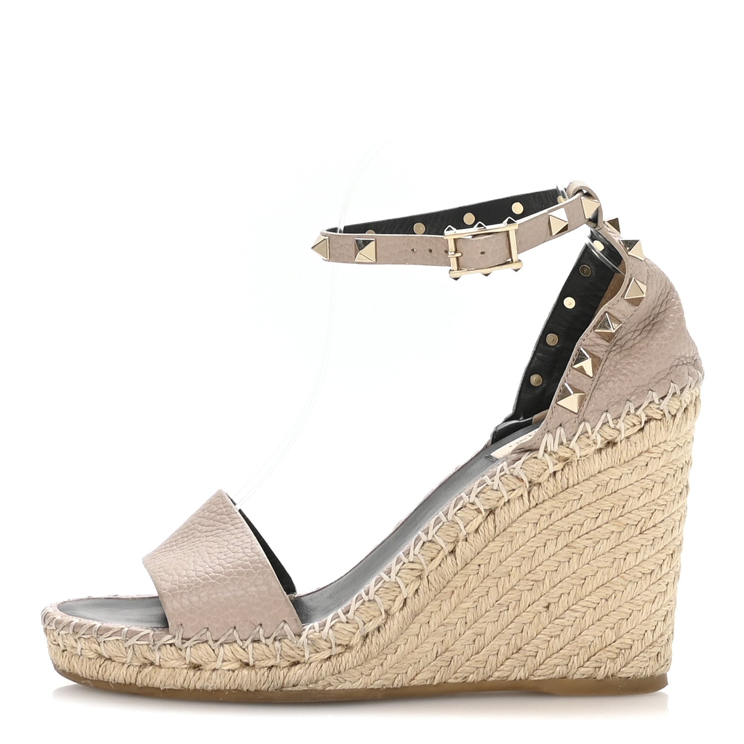 Grained Calfskin Rockstud Ankle Strap Espadrille 15/105mm Wedge Sandals 38 Rose Quartz Natural