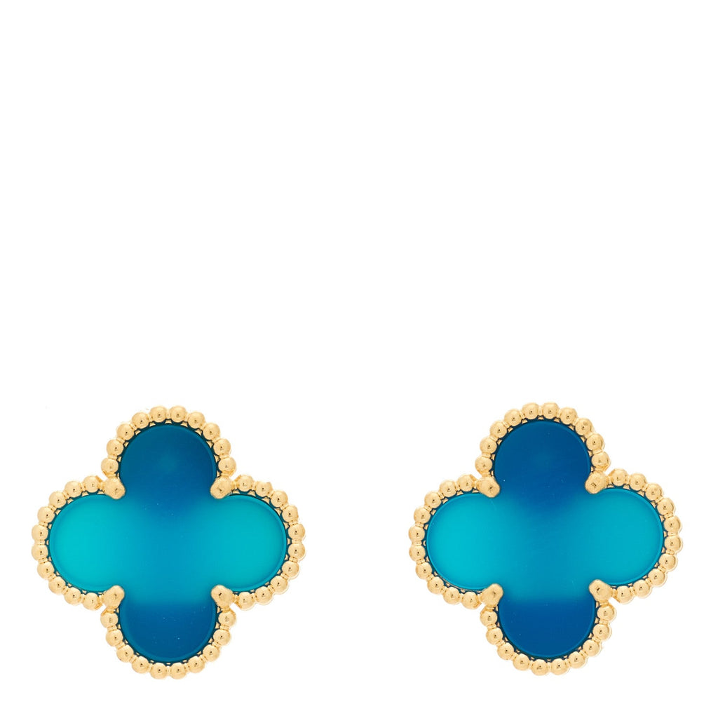 18K Yellow Gold Blue Agate Vintage Alhambra Earrings