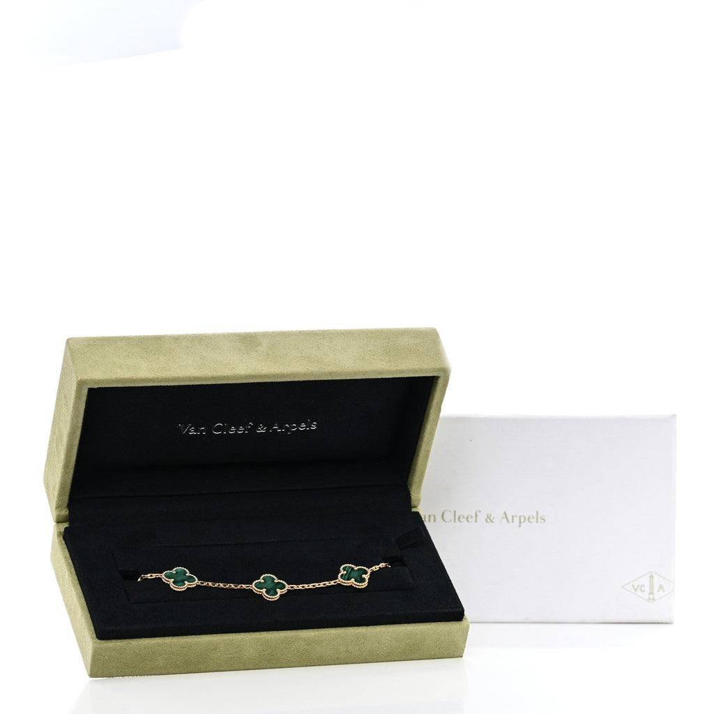 18K Yellow Gold Malachite 5 Motifs Vintage Alhambra Bracelet