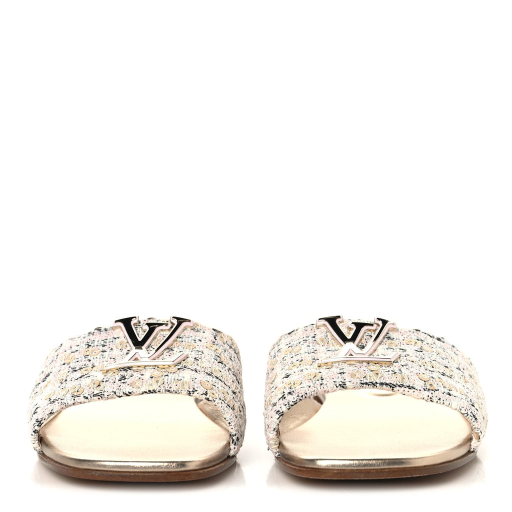 Tweed Sequin LV Mare Flat Mule Sandals 39 Light Gold